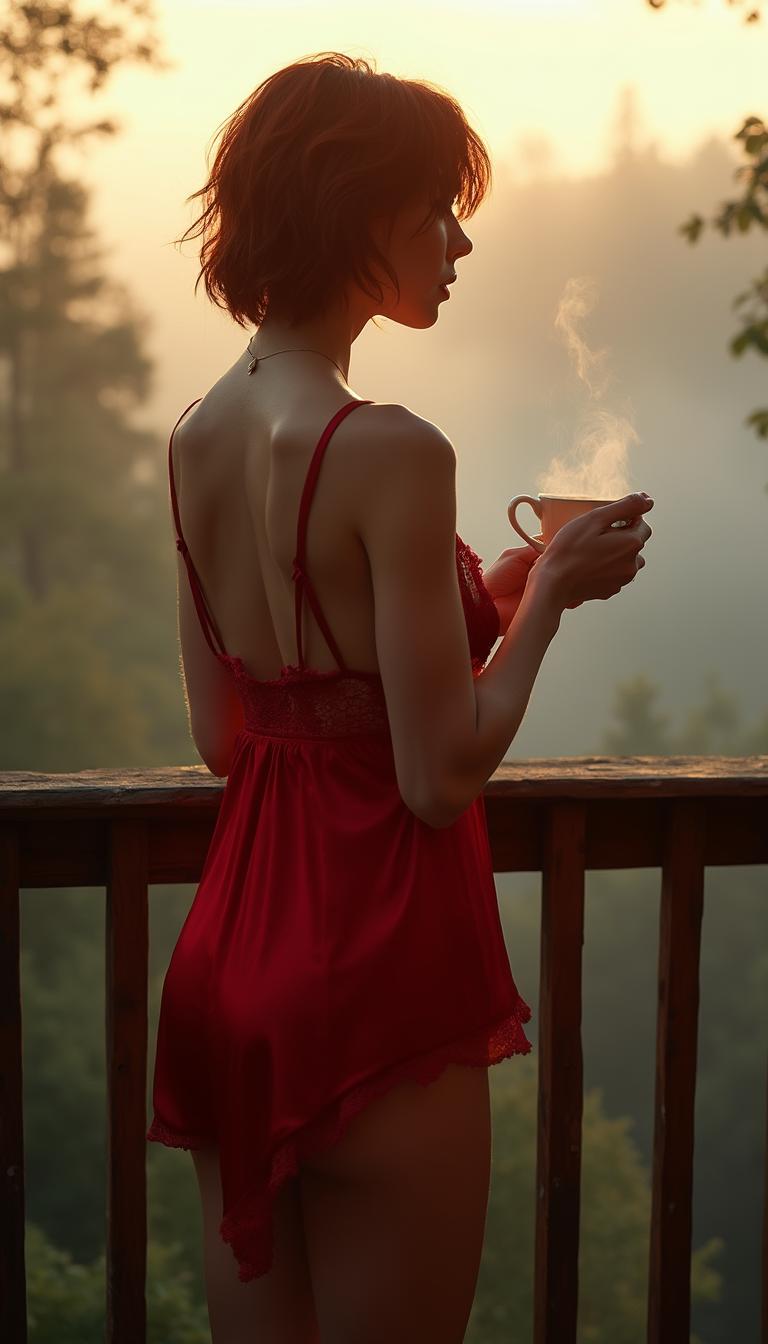 Capture a 40-year-old woman with **short, dark red, tousled hair** standing in profile on a **weathered wooden balcony**. She is adorned in a **short, red satin babydoll** with delicate lace details, the fabric loosely flowing around her silhouette, highlighting her form in a **soft, diffused light**. In her **left hand**, she holds a **porcelain cup** with **steaming coffee**, the steam rising into the morning air. The **background** reveals a **foggy forest** that fades into the distance, with **golden morning rays** piercing through the treetops, casting **particles of mist** into a dance of light and shadow. **Artistic Style**: Realistic, with a **soft focus** on the vibrant red of her babydoll and hair, creating a **striking contrast** with the **muted, natural colors** of the forest. **Composition**: The woman is positioned slightly off-center, her profile facing right, creating a **dynamic tension** with the forest behind her. **Camera Angle**: A **slightly low angle** shot to emphasize the **height and grandeur** of the surrounding trees. **Mood and Atmosphere**: A serene, ethereal morning, with the **moody, foggy atmosphere** juxtaposed against the **warm, inviting light** of the sunrise, evoking a sense of **quiet solitude** and **peaceful reflection**. **Technical Aspects**: Utilize **selective focus** to blur the background, **bokeh effect** to enhance the mist, and **color grading** to accentuate the contrast between the red satin and the green forest.