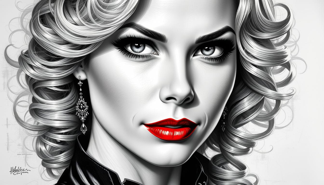 **Prompt:**

Create a **charcoal sketch portrait** of a young woman resembling Black Canary:

- **Hair**: Blonde, curly, voluminous, with natural, cascading waves.
- **Eyes**: Large, luminous, and inviting, exuding warmth and elegance, detailed with fine lines to capture the light's reflection.
- **Lips**: Bright red, full, with a glossy finish, standing out against the monochromatic sketch.
- **Face**: Youthful, with smooth, soft skin texture; facial features rendered with **ultra-realistic detail**, capturing every nuance of expression.
- **Lighting**: Dramatic, with strong contrasts; light source from above, casting deep shadows and highlights to emphasize the form and depth.

**Composition and Framing**: 
- Subject positioned in a three-quarters view, with her gaze slightly to the side, engaging the viewer with a sense of mystery.
- Framed using the **golden ratio** for aesthetic balance, ensuring the portrait's composition is pleasing and harmonious.

**Mood and Atmosphere**: 
- The portrait exudes **youthfulness and vitality**, yet there's an underlying depth and quiet strength in her expression.
- The ambiance is one of quiet elegance, with a touch of drama from the lighting, creating a compelling contrast between light and shadow.

**Technical Aspects**: 
- Use **charcoal** with soft textures and subtle shading to convey the gentle nuances of the face and hair.
- Employ **chiaroscuro** to enhance the dramatic effect, with sharp transitions between light and dark to define facial features.
- The background should be minimalistic, allowing the subject to dominate the frame, with a slight suggestion of a dark, neutral backdrop to isolate and highlight the subject.