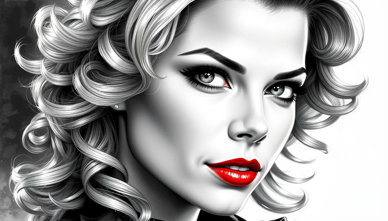 **Prompt:**

Create a **charcoal sketch portrait** of a young woman resembling Black Canary:

- **Hair**: Blonde, curly, voluminous, with natural, cascading waves.
- **Eyes**: Large, luminous, and inviting, exuding warmth and elegance, detailed with fine lines to capture the light's reflection.
- **Lips**: Bright red, full, with a glossy finish, standing out against the monochromatic sketch.
- **Face**: Youthful, with smooth, soft skin texture; facial features rendered with **ultra-realistic detail**, capturing every nuance of expression.
- **Lighting**: Dramatic, with strong contrasts; light source from above, casting deep shadows and highlights to emphasize the form and depth.

**Composition and Framing**: 
- Subject positioned in a three-quarters view, with her gaze slightly to the side, engaging the viewer with a sense of mystery.
- Framed using the **golden ratio** for aesthetic balance, ensuring the portrait's composition is pleasing and harmonious.

**Mood and Atmosphere**: 
- The portrait exudes **youthfulness and vitality**, yet there's an underlying depth and quiet strength in her expression.
- The ambiance is one of quiet elegance, with a touch of drama from the lighting, creating a compelling contrast between light and shadow.

**Technical Aspects**: 
- Use **charcoal** with soft textures and subtle shading to convey the gentle nuances of the face and hair.
- Employ **chiaroscuro** to enhance the dramatic effect, with sharp transitions between light and dark to define facial features.
- The background should be minimalistic, allowing the subject to dominate the frame, with a slight suggestion of a dark, neutral backdrop to isolate and highlight the subject.