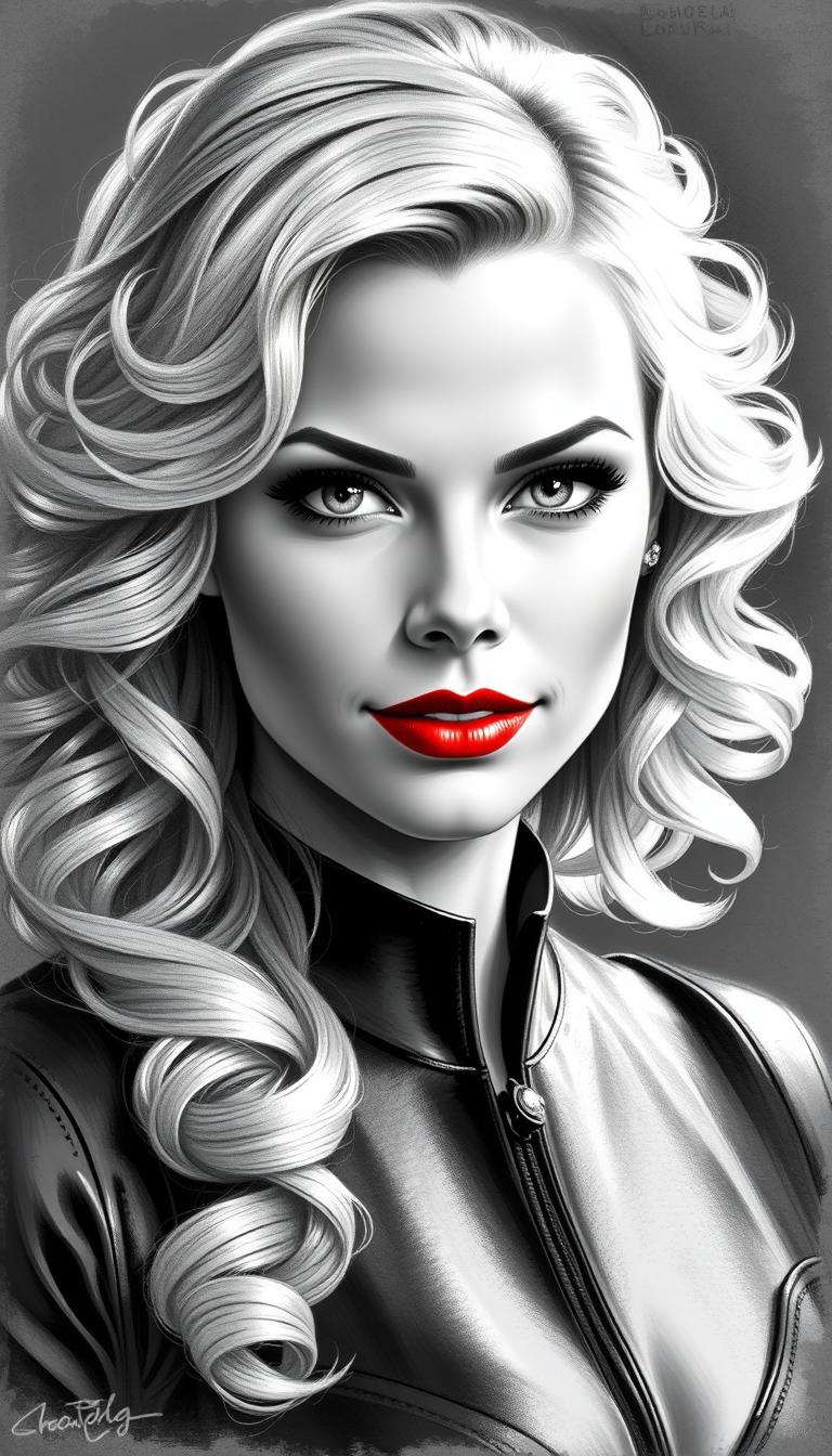 **Prompt:**

Create a **charcoal sketch portrait** of a young woman resembling Black Canary:

- **Hair**: Blonde, curly, voluminous, with natural, cascading waves.
- **Eyes**: Large, luminous, and inviting, exuding warmth and elegance, detailed with fine lines to capture the light's reflection.
- **Lips**: Bright red, full, with a glossy finish, standing out against the monochromatic sketch.
- **Face**: Youthful, with smooth, soft skin texture; facial features rendered with **ultra-realistic detail**, capturing every nuance of expression.
- **Lighting**: Dramatic, with strong contrasts; light source from above, casting deep shadows and highlights to emphasize the form and depth.

**Composition and Framing**: 
- Subject positioned in a three-quarters view, with her gaze slightly to the side, engaging the viewer with a sense of mystery.
- Framed using the **golden ratio** for aesthetic balance, ensuring the portrait's composition is pleasing and harmonious.

**Mood and Atmosphere**: 
- The portrait exudes **youthfulness and vitality**, yet there's an underlying depth and quiet strength in her expression.
- The ambiance is one of quiet elegance, with a touch of drama from the lighting, creating a compelling contrast between light and shadow.

**Technical Aspects**: 
- Use **charcoal** with soft textures and subtle shading to convey the gentle nuances of the face and hair.
- Employ **chiaroscuro** to enhance the dramatic effect, with sharp transitions between light and dark to define facial features.
- The background should be minimalistic, allowing the subject to dominate the frame, with a slight suggestion of a dark, neutral backdrop to isolate and highlight the subject.