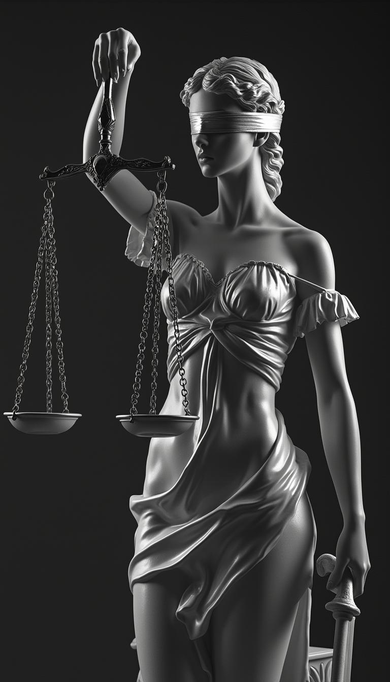 cinematic photography style, lady justice, blindfolded, smooth clear features, black and white, smooth blends, accent lighting, global illumination, dynamic contrast 