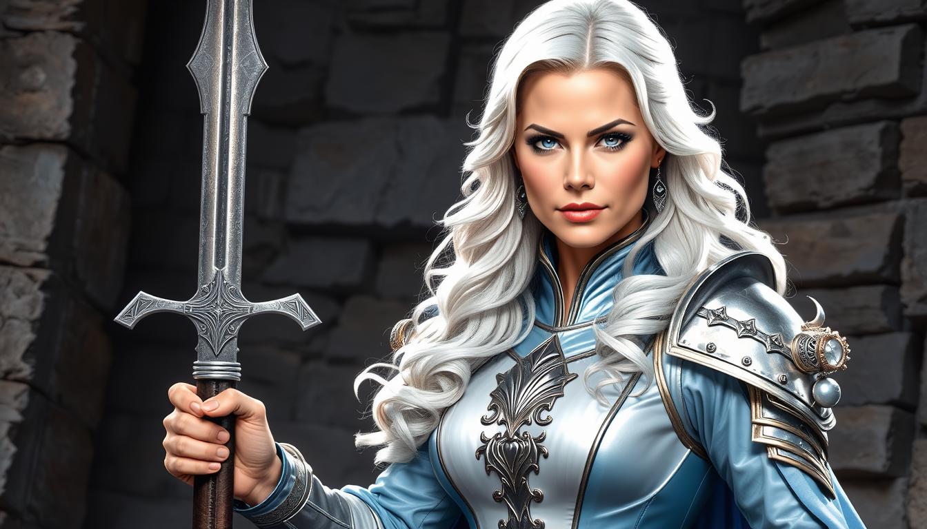 Leandra (The Brave) with the full title Sera Maestra Leandra de Girancourt, also known as the White Queen, Daughter of the Gods, Redeemer of Worlds, Daughter of the Dragon, Paladin of Light and Conqueror of Darkness, is the Queen of Illian. She is sword-bound to the spellsword Stoneheart. Leandra is also the friend and rider of Steinwolke, a king's griffon. She is beautiful. She has violet eyes and long wavy white hair. Wearing a light blue armor, 
