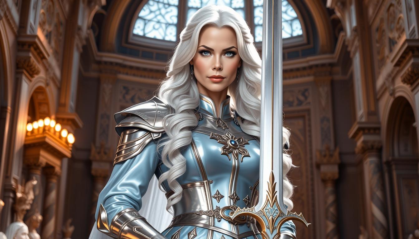**Image Prompt:**

**Subject:**  
Sera Maestra Leandra de Girancourt, known as "The Brave" and "The White Queen," stands as a majestic figure, her regal bearing evident in every aspect. She is adorned in **light blue armor** that glistens with a pearlescent sheen, suggesting the delicate yet protective nature of her role as a paladin. Her **long wavy white hair** cascades down her back, framing her **violet eyes** that radiate wisdom and strength. 

**Environment and Composition:**  
Leandra is positioned in a grand hall of Illian's palace, the architectural elements reflecting her title "Daughter of the Gods." The camera captures her from a low angle, looking up to emphasize her authority and divine connection. The composition includes the majestic **Stoneheart**, her spellsword, resting by her side, its runes glowing faintly with an inner light. 

**Additional Elements:**  
- **Steinwolke**, the king's griffon, is depicted slightly behind her, its wings partially unfurled, suggesting readiness and loyalty. The griffon's feathers are a mix of white and gold, complementing Leandra's armor.
- A subtle **aura of light** surrounds Leandra, symbolizing her title "Paladin of Light," creating a soft, ethereal glow that contrasts with the darker tones of the hall.

**Visual Details:**  
- The **armor** is intricately engraved with motifs of dragons and celestial symbols, symbolizing her connection to both the divine and the mythical. The texture of the armor has a subtle iridescence, catching light in various hues of blue and silver.
- Her **eyes** are not just violet but have specks of gold, enhancing her otherworldly presence.
- The background features **stained glass windows** casting colorful light patterns on the floor, adding depth and a sense of sanctity to the scene.

**Mood and Atmosphere:**  
The scene exudes a sense of **heroic tranquility**, with a serene yet powerful ambiance. The lighting is predominantly soft, with shafts of sunlight filtering through the stained glass, creating an almost spiritual atmosphere that befits her titles "Redeemer of Worlds" and "Conqueror of Darkness."

**Technical Aspects:**  
- **Depth of Field:** The focus is on Leandra, with the background elements slightly out of focus to emphasize her as the central figure.
- **Color Palette:** Dominated by cool blues and whites with accents of gold, reflecting her divine and royal status.