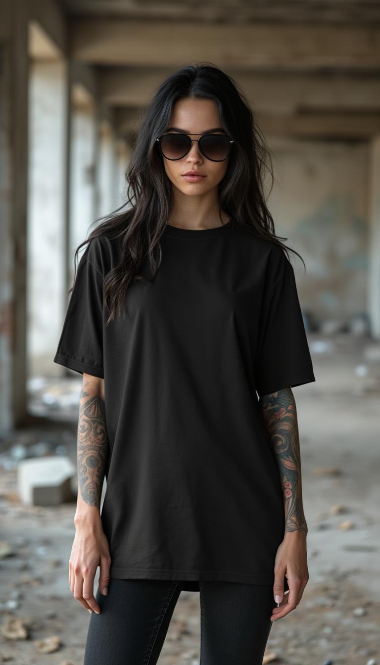 Gildan unisex oversized black t-shirt mockup, a dark-haired, tattooed woman wearing the T-shirt in an abandoned building with sunglasses and black jeans, a flat front presentation of a solid black color t-shirt. Facing straight at the camera 