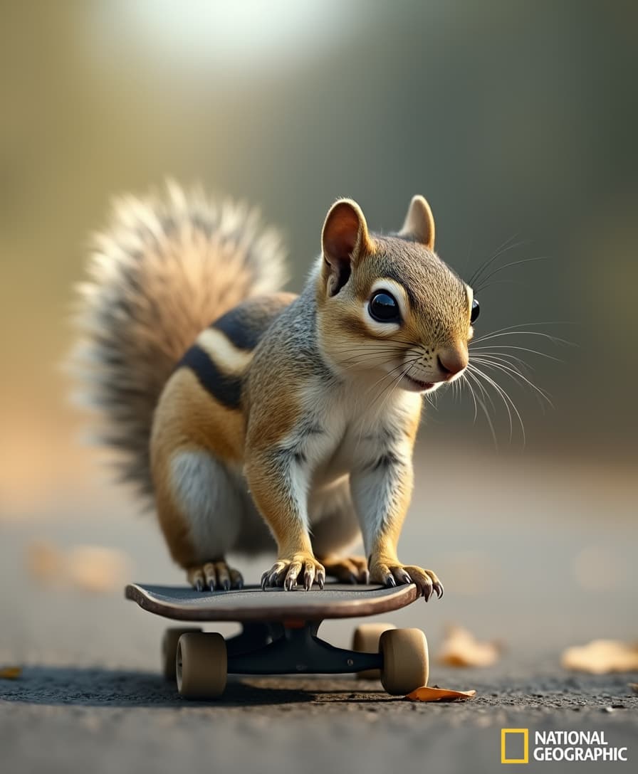 Squirrel riding a skateboard, award winning, National Geographic,