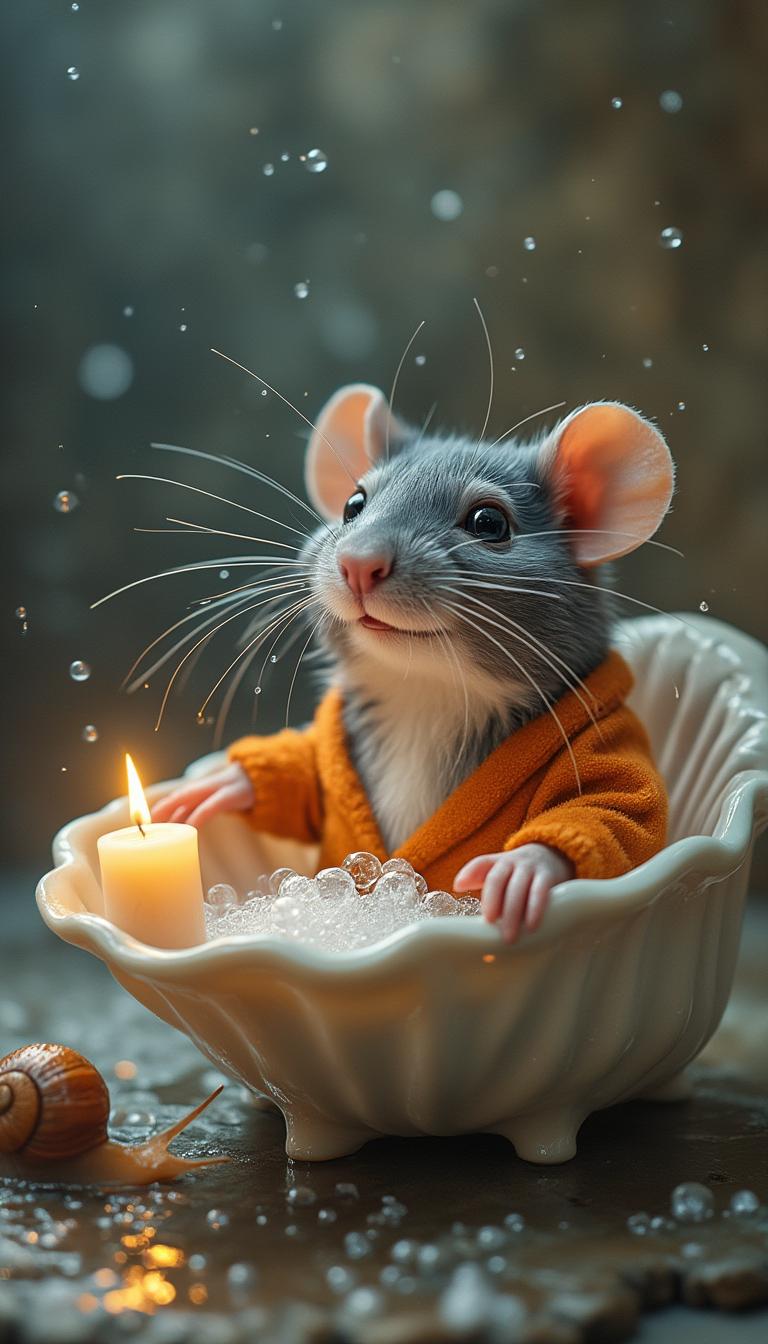 A mini-bathtub made from a seashell, filled with soap bubbles and a small aromatic candle. A rat, anthropomorphic with large, expressive paws, wears the solid orange pajama again, as it’s evening. His fur is soft gray, with a white belly, and his bright, curious eyes show relaxation as he sings a tune in the bath. The snail watches, amused, as the rat enjoys the bath. The scene is detailed, with warm water and a tranquil atmosphere.