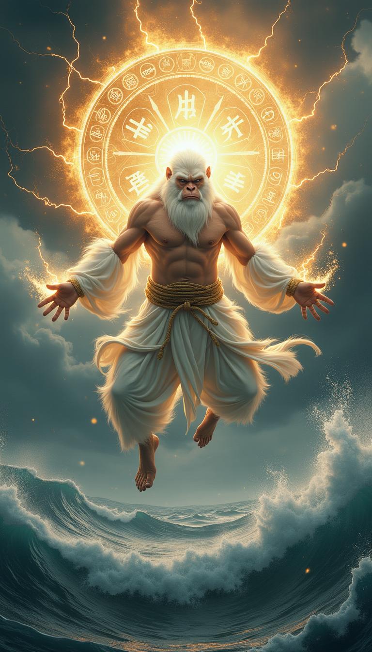 A Taoist sage with the appearance of a white-furred ape, his long, soft fur whipped violently by the raging storm. His upper body is bare, and he wears only a pair of white Taoist pants with golden edges, secured by an ancient rope belt. Amidst the furious tempest, he floats above the ocean, his legs drawn into a poised stance, his body leaning slightly forward with an air of dominance.

His arms extend outward in a mystical gesture, his fingers forming ancient, sacred seals as if casting a forbidden incantation. His eyes glow brilliantly with a sharp golden light, radiating divine wisdom. Enormous bolts of lightning crash down around him, converging into a dazzling magical circle, inscribed with ancient symbols spinning within its radiant energy.

The sky above churns with dark, swirling storm clouds, spiraling like a cosmic vortex. Below, the ocean roars as colossal waves are lifted by the unseen force of his spell. The air crackles with static energy, tiny sparks dancing across his arms and shoulders, painting a scene of divine authority. Amidst the chaos of nature, he stands as a supreme sorcerer, summoning the very power of the heavens and earth.