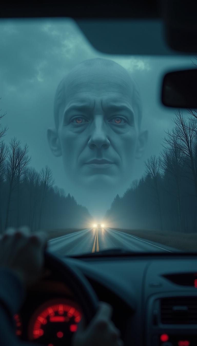 First-person perspective from inside a car, driving along a deserted rural road at night. The radio screen casts a dim glow over the dashboard, while the headlights cut through the thick darkness ahead. The road is empty, surrounded by dense, lifeless trees that vanish into the fog.  

Above, the cloudy night sky looks normal at first glance—until something **massive and unsettling** emerges through the mist. A **colossal human face**, barely distinguishable, blends into the swirling clouds. Its enormous features—deep, vacant eyes, a sharp nose, and faint lips—are subtly illuminated by the moonlight breaking through the stormy sky. It’s so large that only parts of its face can be seen, giving the eerie impression of something **unfathomably huge watching in silence**.  

The details are hyper-realistic: the texture of the clouds partially obscuring the face, the reflections on the windshield capturing glimpses of the eerie figure, and the cold air outside thick with humidity. The atmosphere is **unnerving yet realistic**, making the viewer question if the face is truly there or just a trick of the mind. Ultra-HD, cinematic lighting, high dynamic range, deep shadows, and volumetric mist effects, inspired by real horror photography and atmospheric realism.