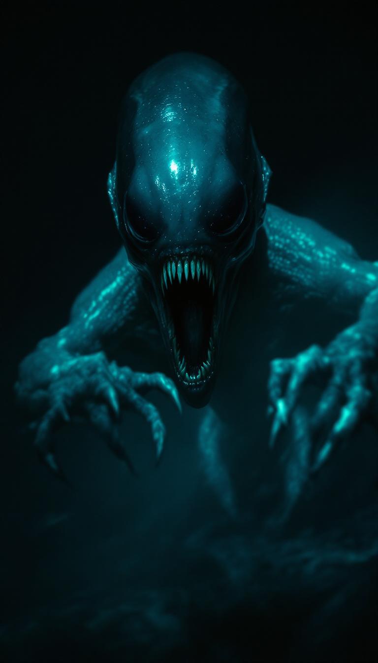 A nightmarish extraterrestrial creature emerging from the darkness, its elongated head glistening under dramatic lighting. Its sharp claws are outstretched, and its eerie, open mouth reveals an unsettling inner set of teeth. The scene is bathed in deep shadows and cinematic highlights, enhancing the creature's ominous presence.













