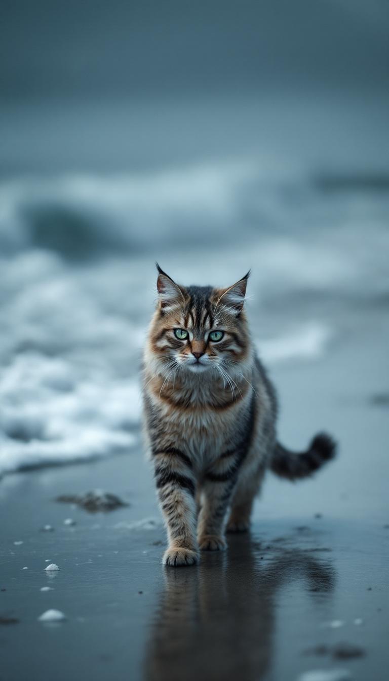 A cat walking alone on the beach, its fur slightly ruffled by the gentle ocean breeze. Its expression looks deeply sad, as if lost in sorrow. The waves softly crash onto the shore, and the sky is dim, adding to the melancholic atmosphere. The camera captures the scene from a slightly distant perspective, following the cat as it slowly walks with a heavy heart.












