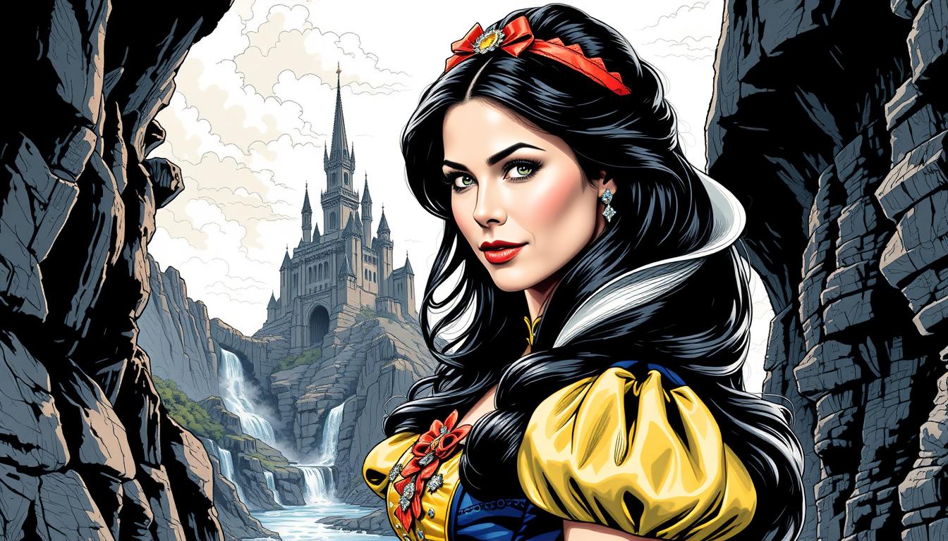 Brooke-LoRA-Zip, Snow White portrayed by Brooke Burns, embracing vintage fashion, raven-black long hair flowing, ink pen illustration mimicking a comic book style, seamlessly double exposed with an ethereal castle setting including rugged rocks and a cascading waterfall, encapsulating Luiza Lima's delicate aesthetic touch, crafted as a vector design in 4k resolution for an ultra-detailed digital painting, delicate lines, vector shadows, high contrast, vibrant yet muted palette, intricate textures, Luiza Lima style, digital art