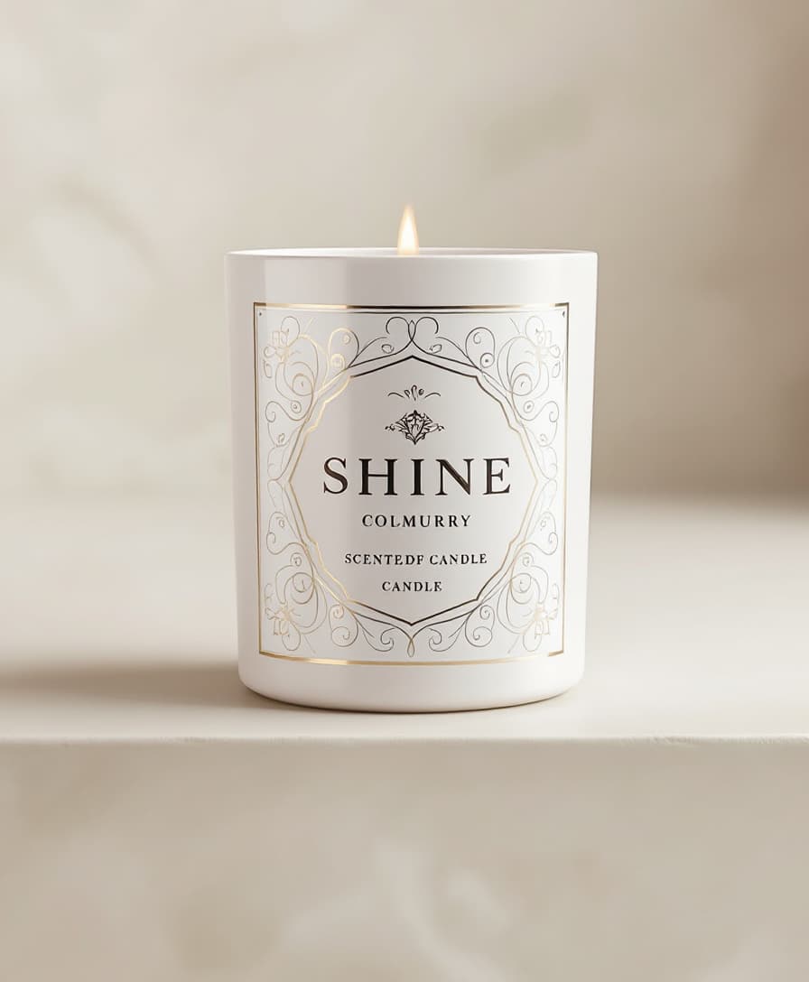 A luxurious "Shine" label adorns a sleek, white scented candle, exuding an air of sophistication and refinement, with intricate, interlocking patterns and subtle flourishes that evoke a sense of opulence, paired with a modern, geometric font in a metallic silver color that adds a touch of glamour, set against a crisp, creamy white background that allows the elegant design elements to take center stage, with the brand name "Shine" prominently displayed in bold, uppercase letters, evoking a sense of radiance and luminosity, while the delicate patterns and subtle textures add a level of tactility and depth to the overall design.











