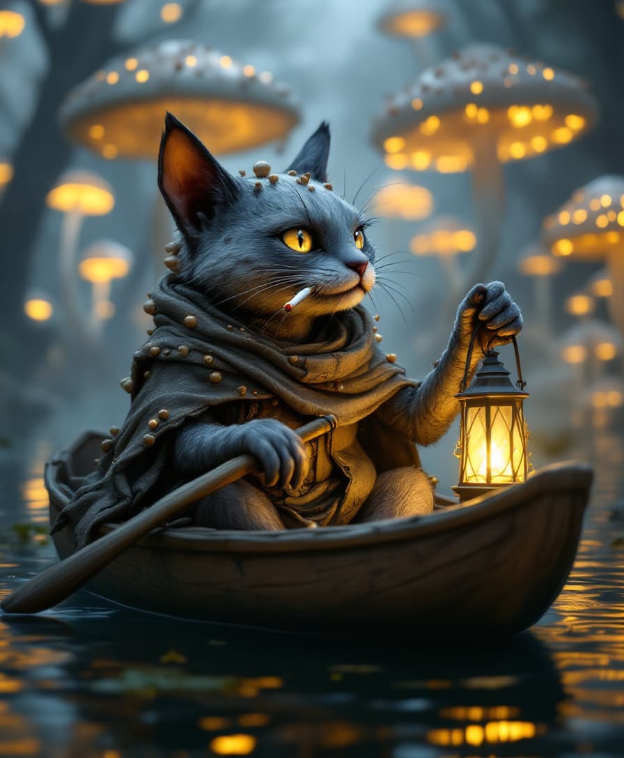 A wise, old mushroom-cat hybrid sitting with a cigarette hanging from its mouth. The creature has sleek, gray fur mixed with small, textured mushroom bumps on its back and shoulders, and its eyes are bright and observant. It wears a tattered forest cloak and is sitting calmly in a small wooden canoe, holding a glowing lantern in one paw. The canoe glides down a mystical river surrounded by giant glowing mushrooms. The water reflects the soft golden lights, creating a dreamy, magical atmosphere. Warm cinematic lighting, soft fog in the background, ultra-detailed textures, 4K resolution, fantasy realism.











