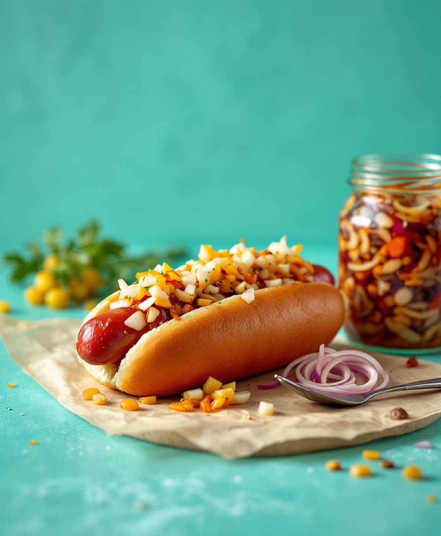 teal back ground of a hot dog with onion relish on top with a jar of fermented spicy onions on the side











