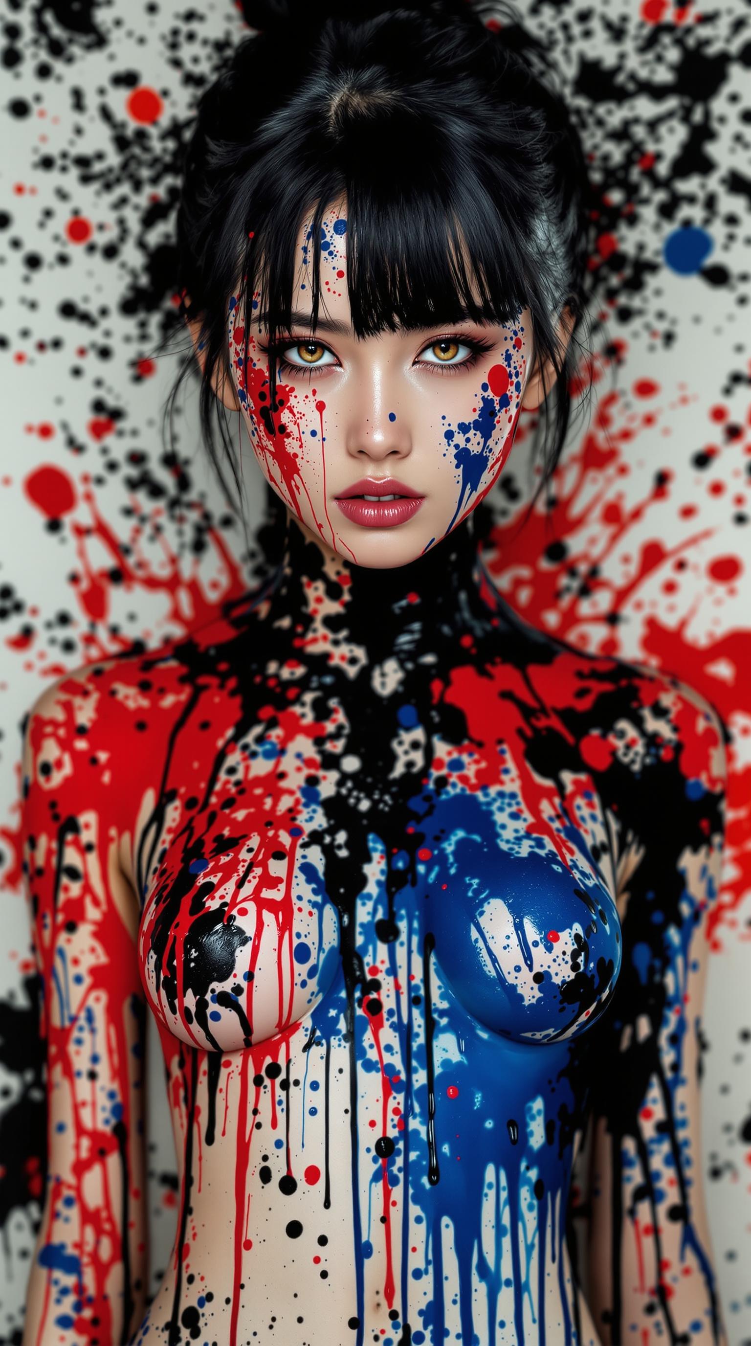ink splats, A young Korean female artist with a rebellious yet captivating expression, her gaze intense and filled with creative passion. Her upper body is coated with bold, high-contrast paint splashes in deep reds, blacks, and electric blues, dripping and bursting outward as if she is a living canvas. The ink splatters erupt from her movements, dynamically spreading across the scene. The background consists of abstract brush strokes and chaotic ink drips, reinforcing the raw and energetic artistic theme. Captured in a close-up professional photography style, the image emphasizes the intensity of her expression and the striking textures of the paint on her skin.