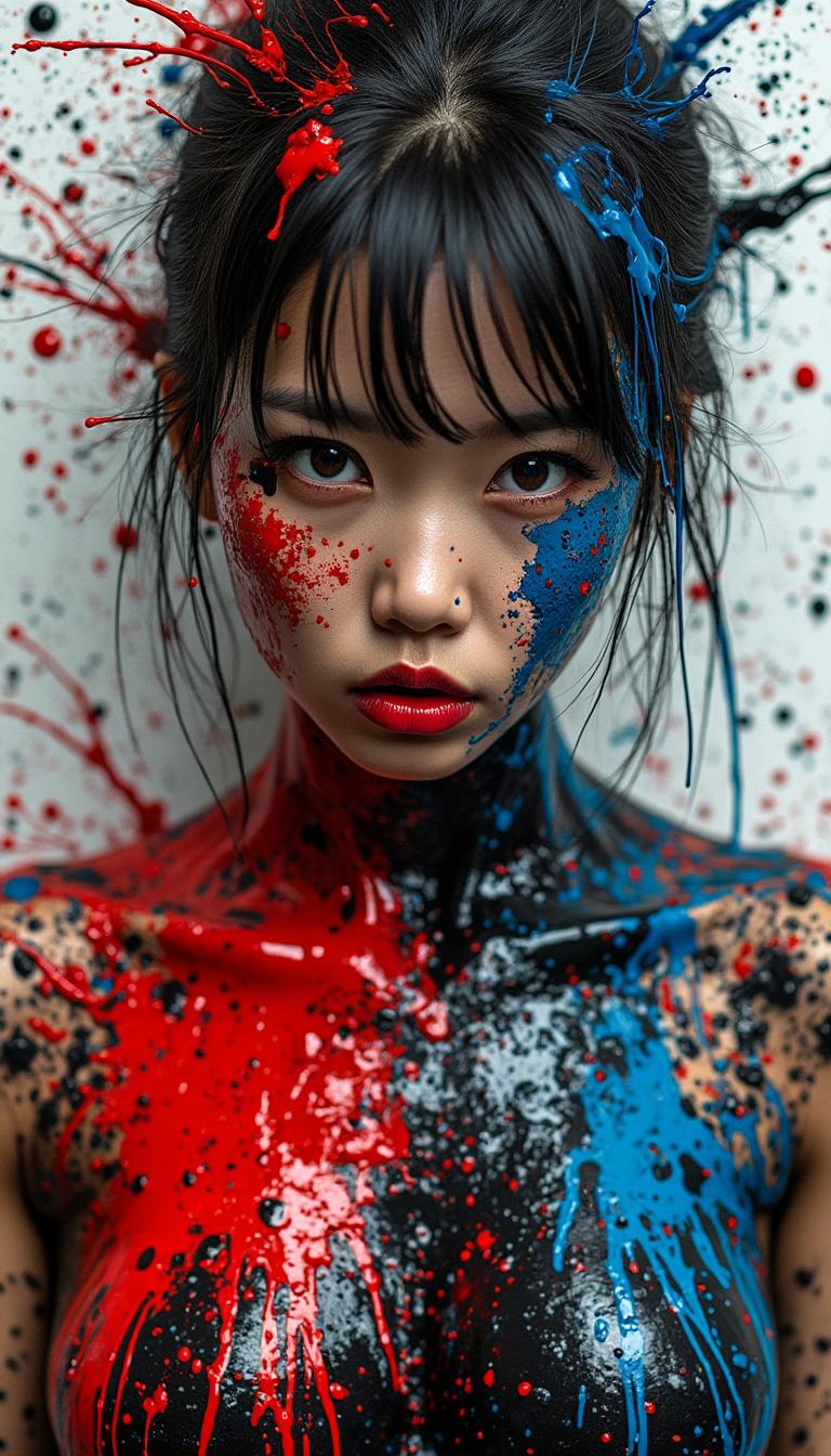 ink splats, A young Korean female artist with a rebellious yet captivating expression, her gaze intense and filled with creative passion. Her upper body is coated with bold, high-contrast paint splashes in deep reds, blacks, and electric blues, dripping and bursting outward as if she is a living canvas. The ink splatters erupt from her movements, dynamically spreading across the scene. The background consists of abstract brush strokes and chaotic ink drips, reinforcing the raw and energetic artistic theme. Captured in a close-up professional photography style, the image emphasizes the intensity of her expression and the striking textures of the paint on her skin.