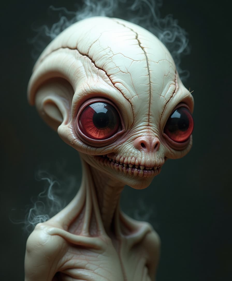 A chilling yet strangely endearing full-color portrait of an alien with a grotesquely textured, bone-white head—its bulbous cranium ridged with deep, organic fissures, as if carved by time itself. Hairline cracks web across its surface, some bleeding faint, crimson streaks that echo the eerie glow of its oversized, piercing red eyes. The gaze is uncomfortably intense, unblinking—hovering between malice and innocent curiosity. Its thin, almost skeletal face stretches into a warped semblance of a grin, revealing barely formed teeth, uneven and unsettling. Wisps of mist coil around its gaunt shoulders, dissolving into the darkness behind it. There’s something unnervingly familiar in its expression, as if it understands more than it should—watching, waiting, deciding whether to reach out or retreat into the void.