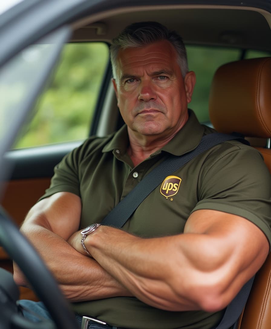 This is a high-resolution photograph of an exceptionally muscular older male with a large muscular physique, showcasing extremely huge exaggerated muscles, especially in his arms, chest, legs and buttocks seated in the driver's seat of a car. The man has short, dark hair and a well-groomed appearance. His skin is tanned, indicating he spends time outdoors. He is wearing a dark olive-green UPS polo shirt with the UPS logo on the left chest. His expression is serious and focused, with slightly furrowed eyebrows and a determined look. 
The interior of the car is well-lit, suggesting it is daytime. The car's seats are upholstered in tan leather, and the seatbelt is visible across his chest. The dashboard and windows are not visible in the image, but the car appears modern and well-maintained. The background outside the car is slightly out of focus, showing a blurred glimpse of greenery, possibly trees or bushes. The overall ambiance suggests a professional setting, possibly the man is on his way to work or is taking a break. The photograph captures the man's muscular arms, which are crossed over his chest, emphasizing his strength and authority. The image has a warm, natural color palette with earthy tones dominating.