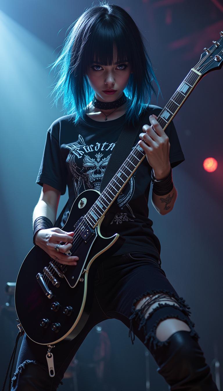 ultra realistic. Playing at an underground music even, the lead guitarist, a 22-year-old female goth, shredding a guitar solo under a spotlight. She is 5'2" with a petite yet athletic build, small-medium breasts, pale skin, and shoulder-length striking black hair with electric blue highlights. Her eyes are icy blue with heavy black eyeliner. She wears a black metal band T-shirt, ripped skinny jeans, black knee-boots. Incorporate bold, eye-catching clothing with a fusion of goth and metal aesthetics. Facially express confidence, playfulness, and a hint of mischief.  