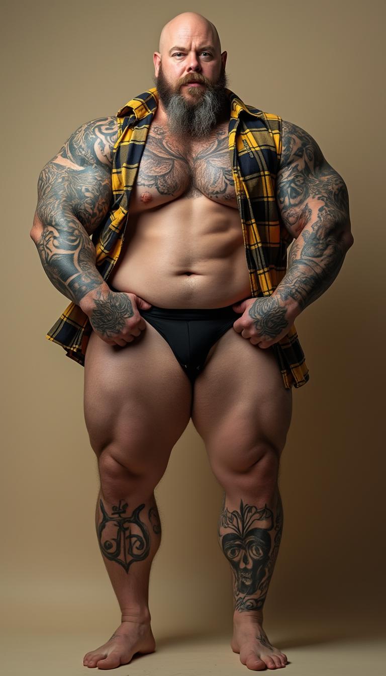 This is a high-resolution photograph featuring An exceptionally muscular middle-aged bald man with a full beard and moustache and a large muscular physique, showcasing extremely huge exaggerated muscles, especially in his arms, chest, legs and bulge crotch standing against a plain, beige backdrop. The man's physique is prominently displayed, showcasing his broad shoulders, well-defined chest, and thick arms adorned with extensive tattoos. His chest and arms are covered in intricate, black and grey tattoos, including a large, detailed sleeve on his left arm. He is wearing a yellow and black checkered flannel shirt, which is unbuttoned and draped open to reveal his muscular torso and a black thong. His thighs and calves are also tattooed with designs. The man's facial expression is confident and slightly assertive, with his head tilted slightly to the side. The lighting is even, highlighting the details of his tattoos and the texture of his skin. The overall mood of the image is bold and masculine, emphasizing strength and individuality through the subject's physique and tattoos.