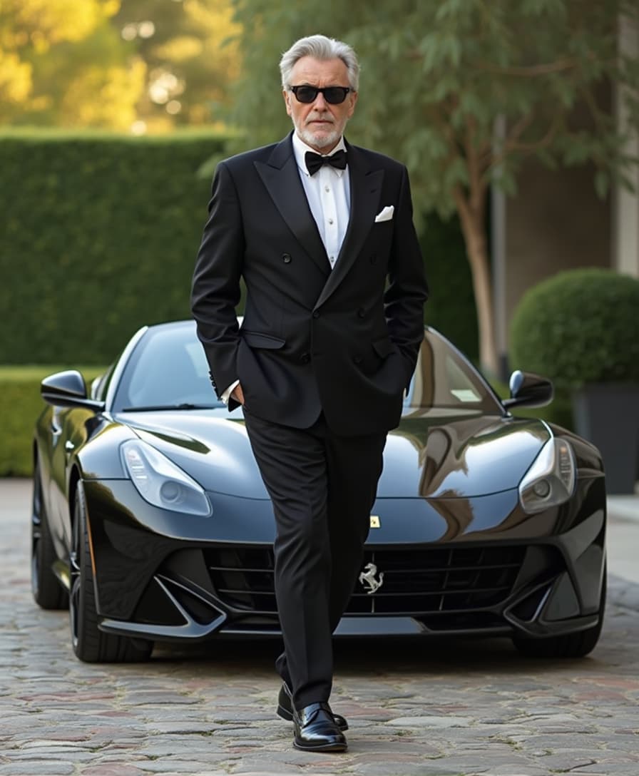 A stylish older man wtih an exceptionally muscular large physique, showcasing extremely huge exaggerated muscles, especially in his arms, legs and ches in his mid-50s to early 60s stands confidently next to a sleek black Ferrari sports car. The man's huge muscular physique is evident through his tailored, double-breasted black suit. He wears a black bow tie, a white dress shirt with cufflinks, and polished black leather shoes. His hair is neatly slicked back, showcasing silver and gray tones, matching his well-groomed, short beard. He is wearing large black sunglasses, which add to his sophisticated and confident demeanor. The man is captured in a candid, full-body shot as he casually walks with one hand in his pocket and the other hand slightly swinging by his side. The scene takes place on a cobblestone driveway with a soft, blurred background of greenery, trees, and a building wall, providing a luxurious and upscale feel to the environment. The lighting is natural, soft daylight, illuminating the details of the man's outfit and car, while creating subtle reflections on the Ferrari’s glossy exterior. The car's branding is visible, featuring the iconic Ferrari logo on the side. The camera is positioned at eye level, capturing the subject from a slightly off-center angle, giving a dynamic and natural perspective.