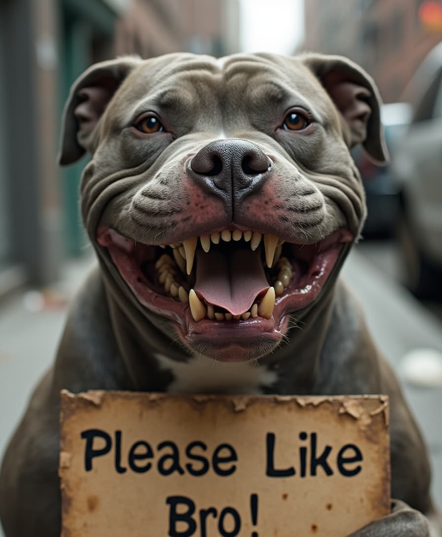 A photorealistic photo of an ugly dog, pitbull smiling  looking viewer. He is holding a sign with the text: "Please Like Bro!". Her little eyes are bulging and are vicious,her mouth is gaping  open,large smiling shows a lot of sharp teeth. Her fur is receding and shriveled. some teeth are made of shiny metal other are white. The background is a filthy new york sidewalk,