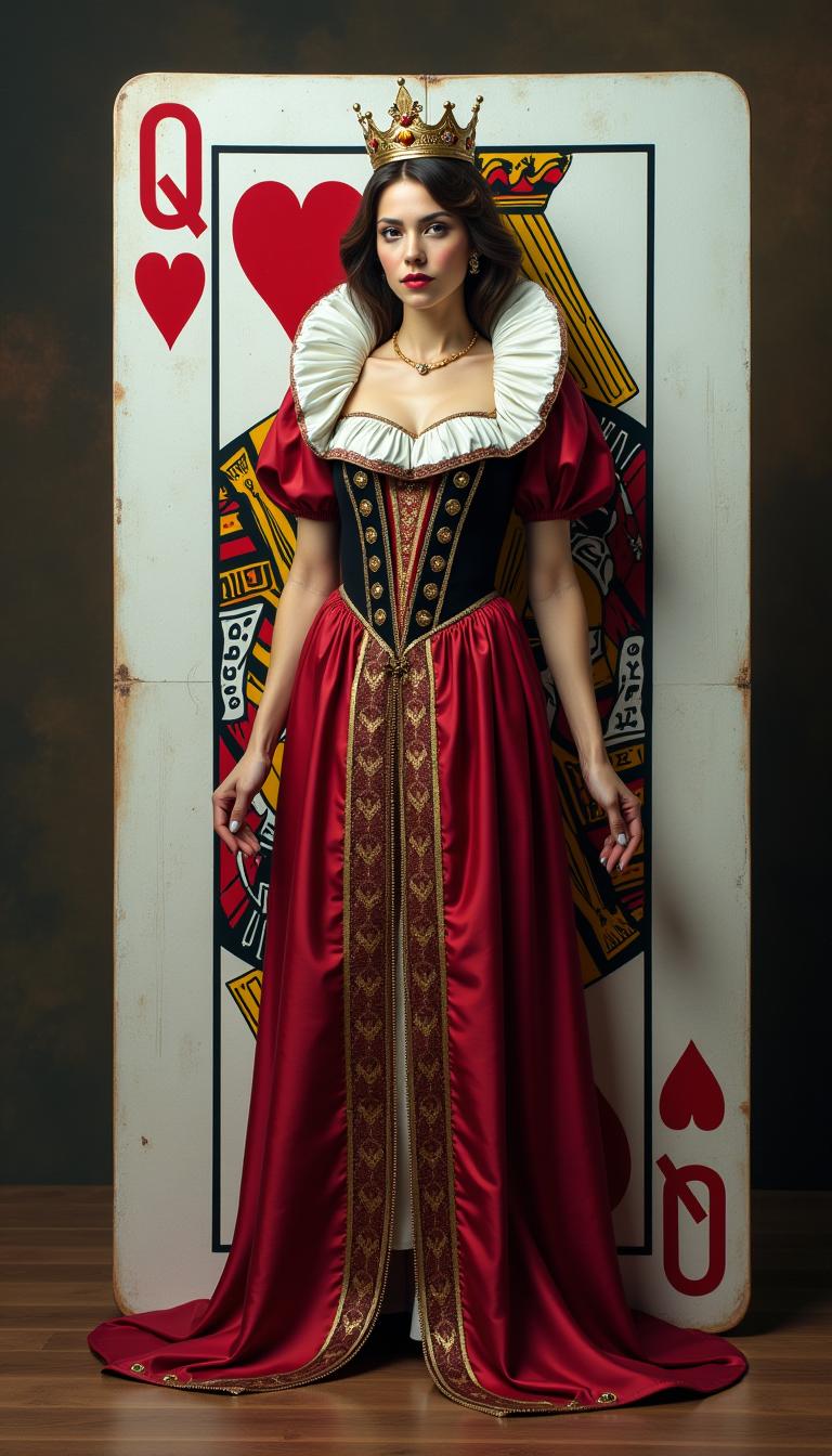 Portrait of a realistic, beautiful queen emerging from a large playing card depicting the Queen of Hearts. The queen is stepping out of the card, with half her body visible outside the card and half still inside. The playing card is upright and life-sized compared to the queen.

