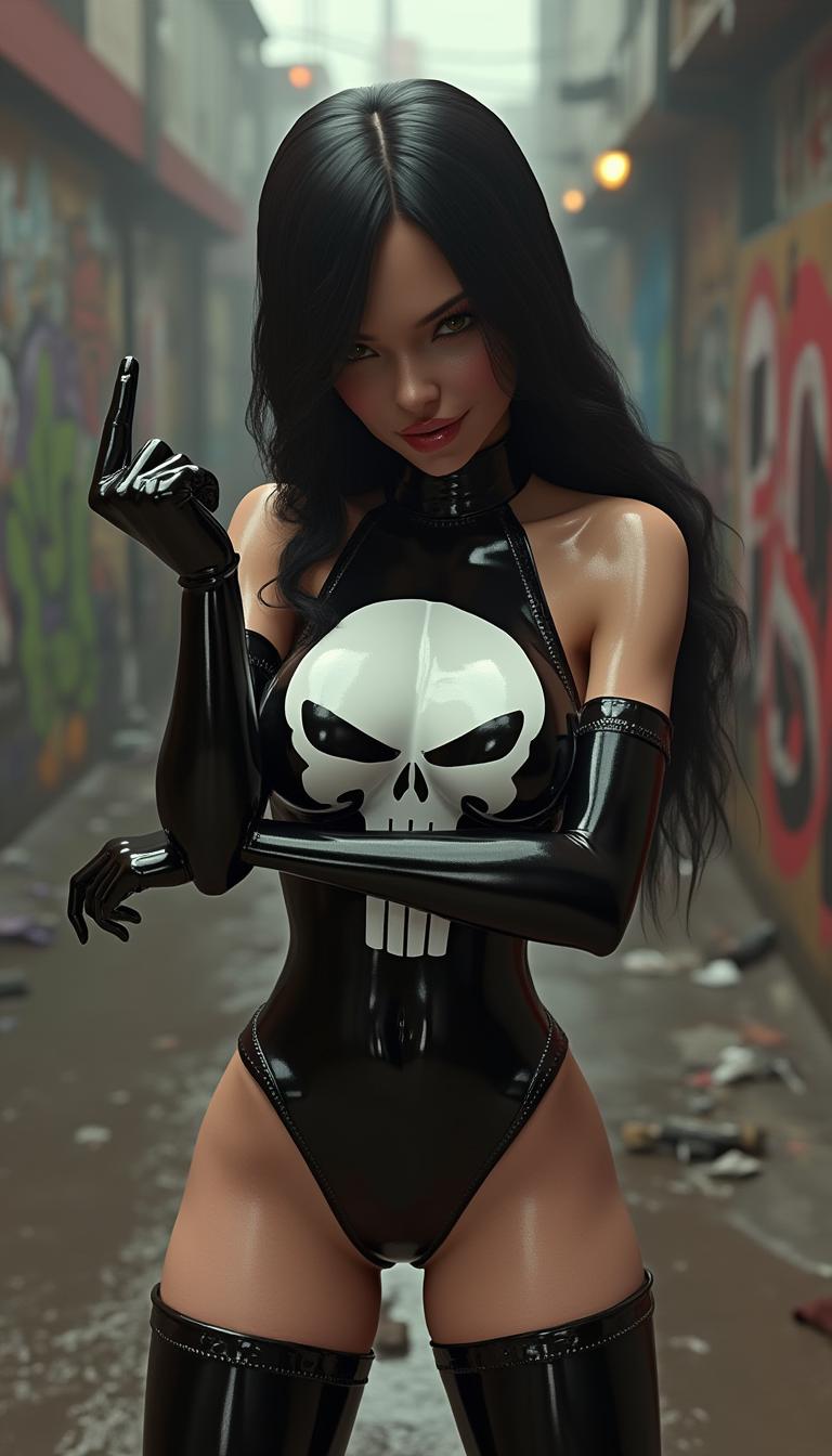 The image is a 3D rendering of Skin_Diamond character with long black hair and huge, massive and firm breasts. She is standing, her body slightly turned to the side, his arms crossed with the middle finger raised express an obscene gesture of the hand. The figure wears a shiny black latex outfit that covers parts of his body. The white skull logo of the Punisher is engraved on the chest. The woman has an ecstatic expression on her face and looks directly at the camera. The background is a dirty street filled with tags and drugged people. perfection style