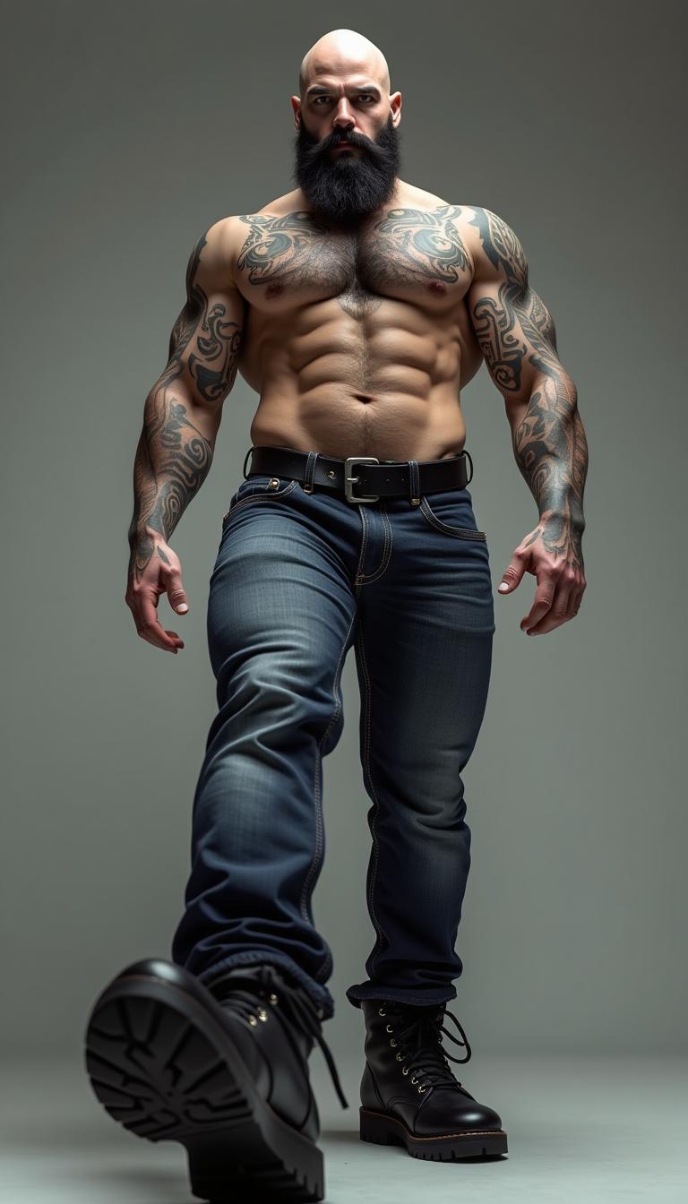 A highly detailed, photorealistic image of a muscular, bald man with a thick black beard, displaying an imposing presence. The subject has intricate, full-sleeve tribal tattoos on both arms. He is wearing tight, form-fitting jeans with a black leather belt that hangs loosely, and large, rugged black combat boots with thick soles. The perspective is from a low camera angle, as if the viewer is being stomped on, with his boot dominating the foreground of the image. The man’s chest is bare, revealing his well-defined, vascular muscles and textured body hair, adding to his powerful, gritty aesthetic.
The lighting is soft but directional, casting subtle shadows that emphasize his muscular physique. The background is a simple, neutral gradient, keeping all attention focused on the subject. The camera angle used is extreme low-angle shot (worm's eye view), creating a sense of power and dominance. The image was shot with a virtual wide-angle lens (24mm equivalent) to exaggerate the subject’s size and enhance the dramatic effect. The image is rendered in ultra-high detail, with attention to textures, skin details, and fabric realism.
