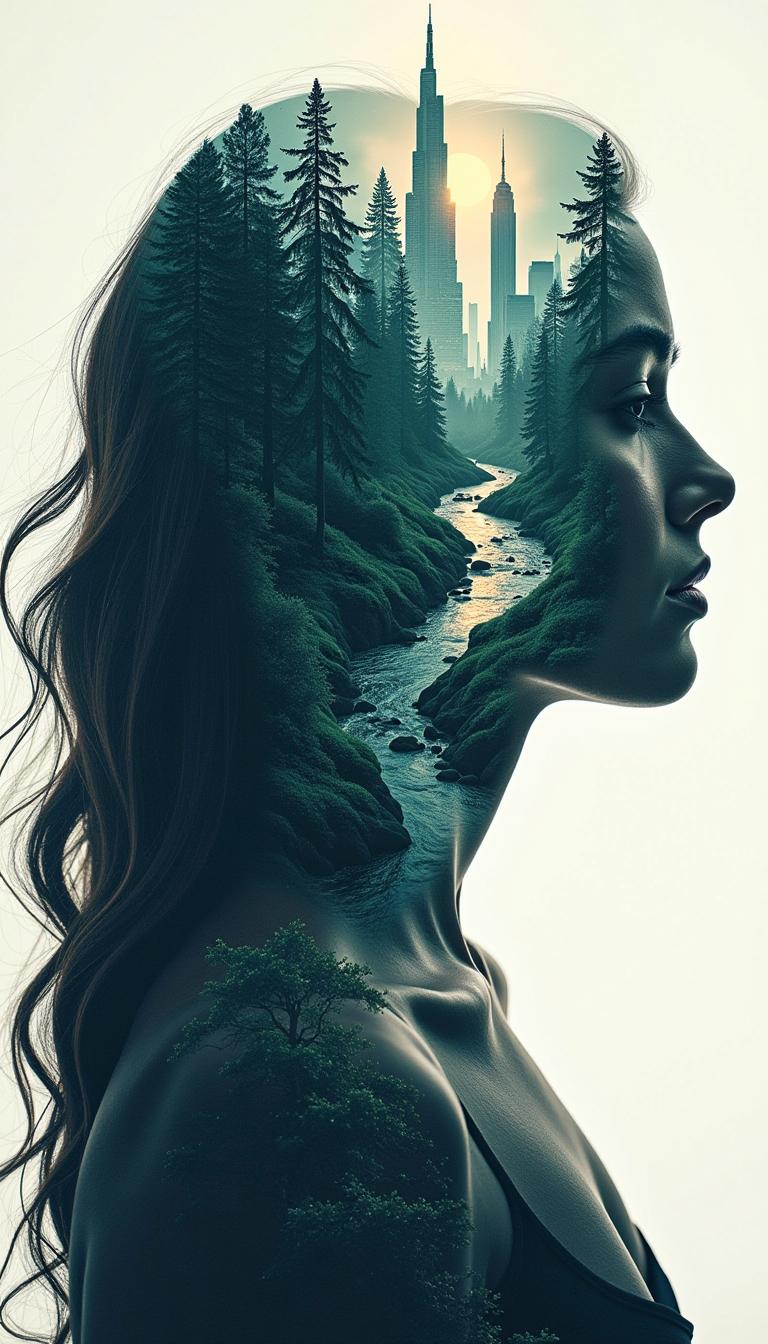 the silhouette of a woman with flowing hair, her profile filled with the image of a vast forest transitioning into a futuristic cityscape. Trees morph into skyscrapers, and winding rivers blend into illuminated streets, symbolizing the harmony and conflict between nature and urbanization. The woman's serene expression ties the contrasting elements together, creating a story of balance and transformation.