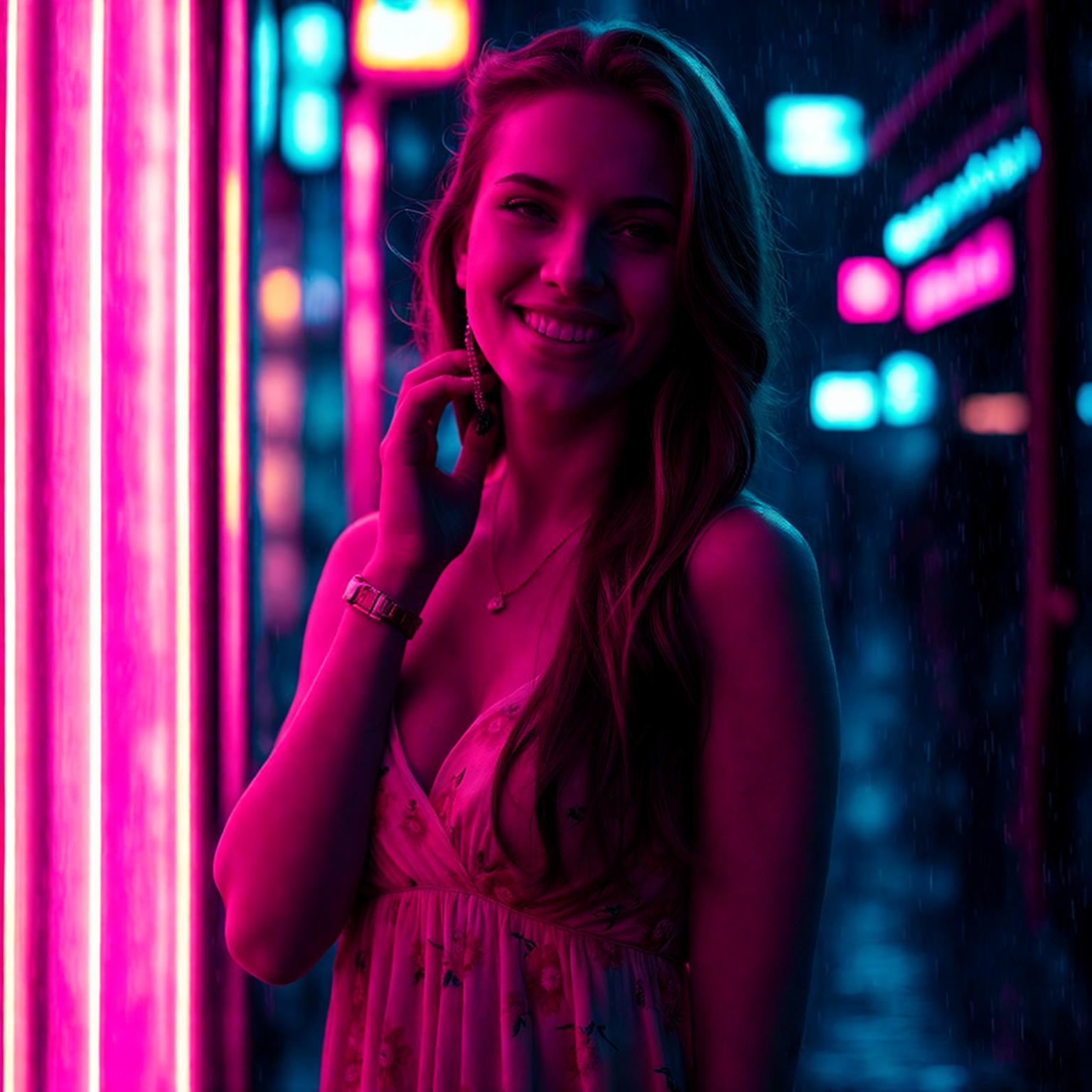 Night street scene, neon lights, urban atmosphere