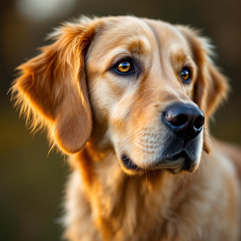 Create an image of a **dog** with the following specifications:

- **Visual Details**: The dog should be a **Golden Retriever** with a **shiny, golden coat** that reflects light, showcasing the texture of its fur. Its eyes should be a deep, warm brown, conveying a sense of friendliness and intelligence. The dog's nose should be wet and black, enhancing the realism of the image.

- **Style**: Capture the image in the style of **fine art portraiture**, using techniques reminiscent of **hyper-realism** to make the dog appear almost lifelike.

- **Composition**: Position the dog in a **three-quarter view**, looking slightly to the side, with its ears perked up and attentive. The background should be a **soft, out-of-focus bokeh** to ensure the dog remains the focal point.

- **Mood and Atmosphere**: The scene should evoke a **warm, inviting atmosphere**. Set the image during the **golden hour** where the light is soft and golden, casting gentle shadows and highlights on the dog's fur, creating a sense of depth and warmth.

- **Technical Aspects**: Use a **shallow depth of field** to blur the background, ensuring the dog's eyes are in sharp focus. Employ **high dynamic range (HDR)** techniques to balance the lighting, making the fur appear vibrant yet natural.

- **Cohesion**: All elements should come together to present a **believable, lifelike portrait** of a Golden Retriever, capturing the essence of the breed's friendly and loyal nature.