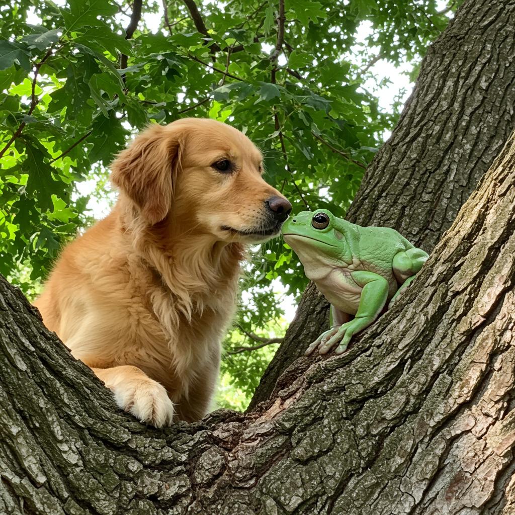 a dog and a frog in a tree kissing