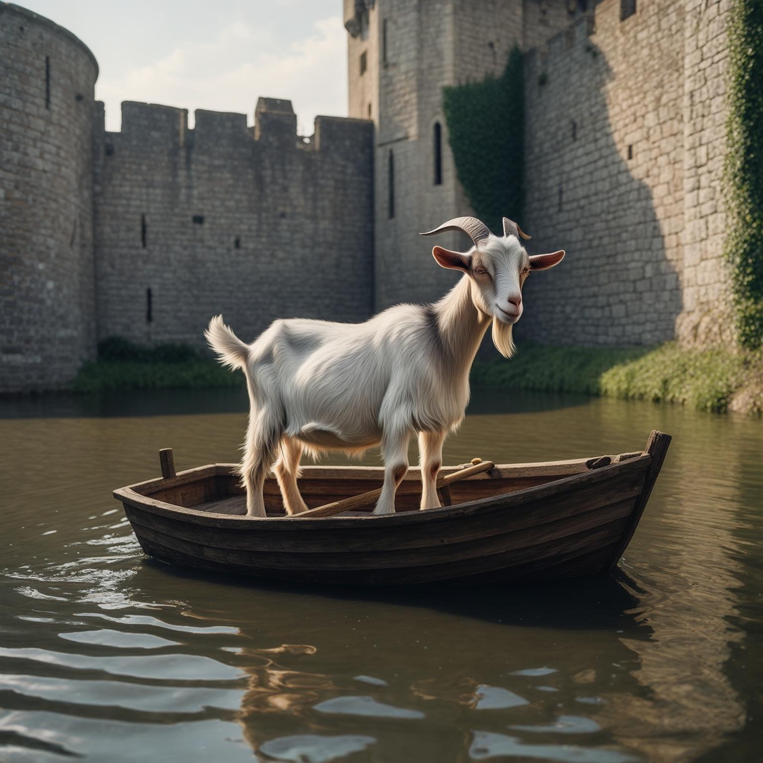 a goat in a boat in a moat