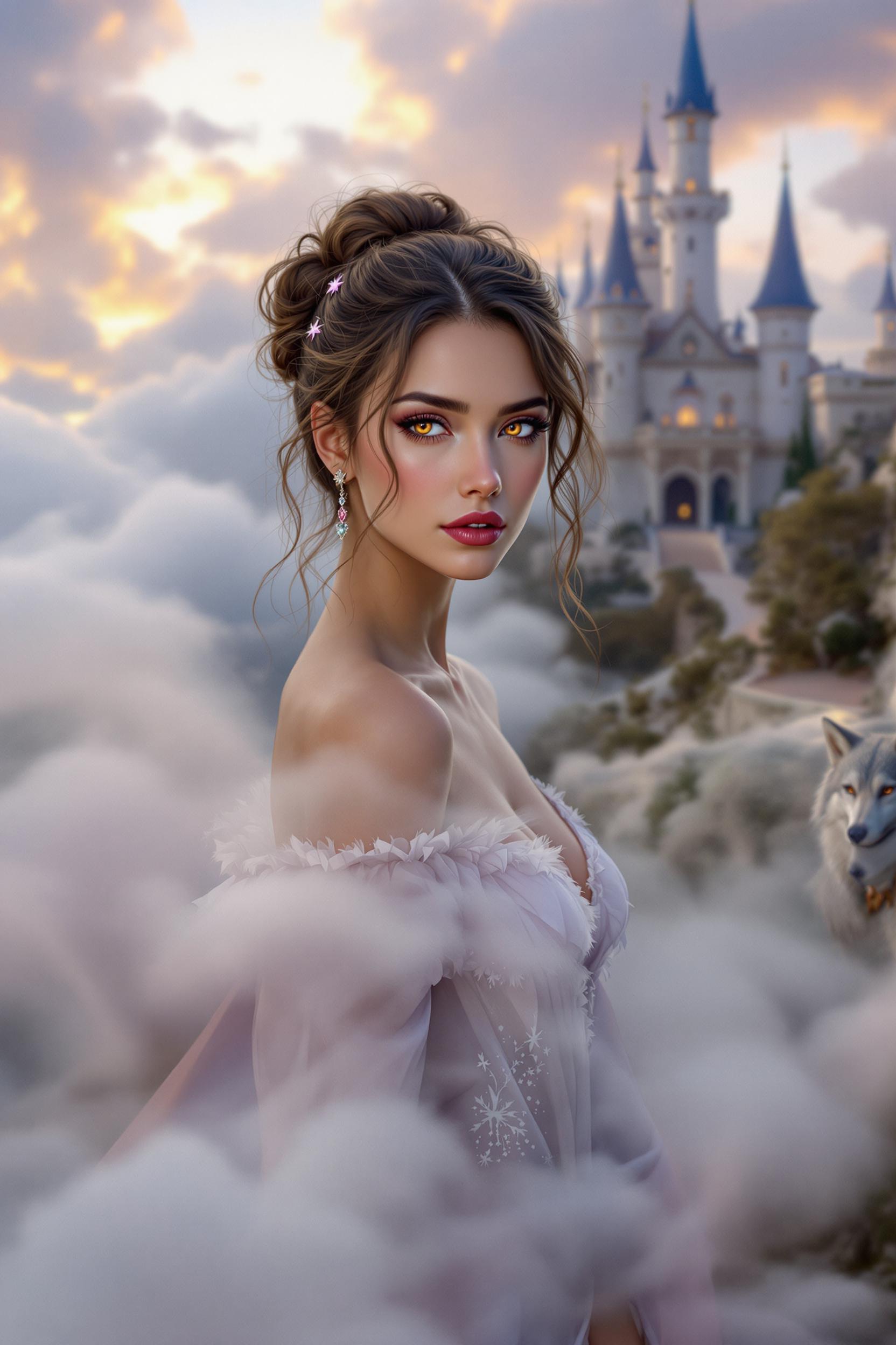 Craft a high-quality image of a **tall, skinny woman** named Maven with **oval face**, **tan skin**, **chestnut hair**, and **amethyst eyes**. Her **straight nose**, **thin lips**, and **prominent chin** are accentuated by **soft pink sheer lipstick**. She has **shoulder-length wavy hair** styled in a **bun**, adorned with **huggie earrings**. She wears **slit skirts** that reveal **natural breasts** and a **ghostly** aura around her. 

The scene is set in a **Castle in the Clouds** environment, reminiscent of a **Goblin Market**, with:

- **Visual Details**: Emphasize **textures** of the ethereal fabrics of her skirts, the **soft sheen** of her hair, and the **glistening amethyst** of her eyes. Use **soft, diffused lighting** to create a **dreamlike** atmosphere.
- **Style**: Capture the image in the **Pre-Raphaelite** style, focusing on rich detail, vibrant colors, and an otherworldly feel.
- **Composition**: Position Maven **slightly off-center**, gazing towards the camera with an **enigmatic expression**. A **wild animal** (like a wolf or a fox) is in the foreground, partially obscured by **misty clouds** that swirl around the castle.
- **Mood and Atmosphere**: The scene should evoke a sense of **mystique and enchantment**, with **sunset hues** casting long shadows and a **moody, ethereal** ambiance.
- **Technical Aspects**: Utilize **depth of field** to focus on Maven while allowing the background castle and market to blur softly, enhancing the dreamlike quality. Apply **vignetting** to draw attention to the main subject and **bokeh** effects for the surrounding elements.