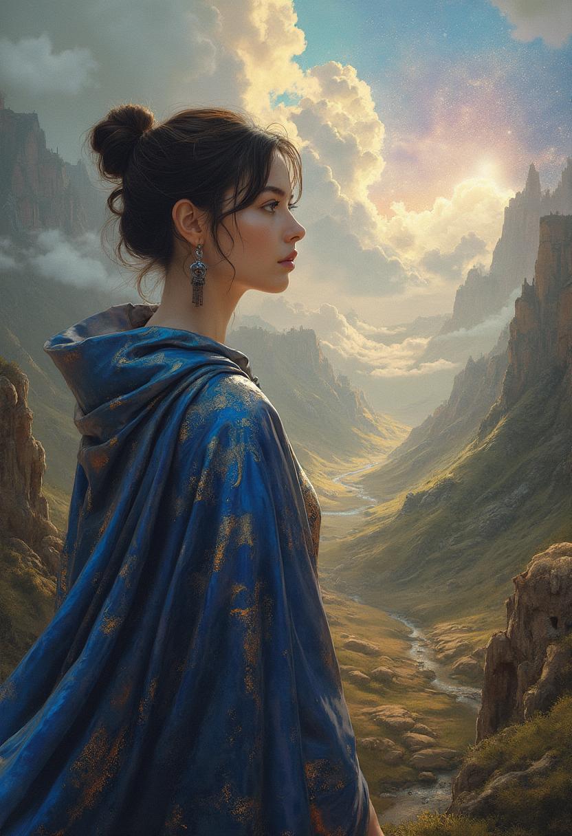 A breathtaking valley where time itself bends and shifts, revealing landscapes from various historical eras. At the center, an **alchemist** stands, draped in a **magical robe** that ripples with the colors of the cosmos, reflecting the changing scenery around her. 

**Visual Details**: Her **fair skin** contrasts with her **brunette hair**, styled in a **sock bun**, with **wavy strands** framing her **oval face**. Her **silver eyes** shimmer with wisdom, and her **sharp chin** and **short nose** give her a distinctive, ethereal beauty. She wears **drop earrings** that catch the light, casting tiny prisms on her **asymmetrical breasts**. Her lips are painted with **grape metallic lipstick**, adding a modern touch to her timeless appearance.

**Style**: The scene is painted in a style reminiscent of **romanticism**, with a touch of **surrealism**, where the natural world melds seamlessly with the fantastical. The brushstrokes are fine and detailed, capturing the fluidity of time and the complexity of the alchemist's robe.

**Composition**: The alchemist is positioned in the foreground, her figure slightly to the right, allowing the viewer's eye to travel from her to the ever-changing landscapes behind. The camera angle is slightly low, giving her a commanding presence against the vast, shifting backdrop.

**Mood and Atmosphere**: The atmosphere is one of **mystery and enchantment**, with a **soft, golden light** that filters through the temporal anomalies, creating a dreamlike quality. The time of day is eternal twilight, where the sky is painted in hues of twilight, reflecting the blend of past, present, and future.

**Technical Aspects**: The image uses **deep focus** to ensure both the alchemist and the landscapes are in sharp detail. The **color palette** shifts from warm, earthy tones to cool, metallic shades, reflecting the different historical periods. The **lighting** is dramatic, with highlights on the alchemist's robe and face, creating a sense of depth and texture. 

This scene captures a moment where history and magic intertwine, creating a unified vision of a world where time is but a tapestry to be woven by the skilled hands of an alchemist.