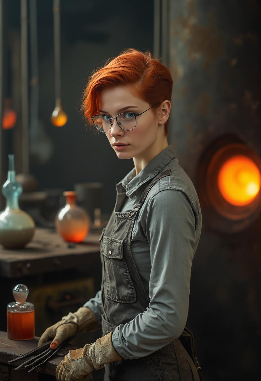 In the style of mid-20th-century industrial photography, capture a **young woman** with **short, vibrant red hair** and **piercing blue eyes**, her **fair skin** and **athletic build** accentuated by a **simple, heat-resistant gray work dress** with a **heavy apron**, **protective gloves**, and **safety glasses**. The scene unfolds in a **minimalist industrial glassblowing workshop** characterized by **visible piping**, **sturdy metal tools**, and a **towering furnace** glowing with **molten glass**. 

**Composition**: The woman is at the center, actively engaged in her craft, her posture strong yet graceful. The camera angle is slightly low, looking up to emphasize her focus and the intensity of her work. The background features **finished glass objects** that catch and reflect light, creating a **dynamic interplay of colors and shapes**.

**Mood and Atmosphere**: The lighting is harsh, industrial, with stark contrasts between light and shadow, highlighting the **industrial efficiency** of the era. The ambiance is one of **quiet determination**, the air filled with the **warmth of the furnace** and the **soft sounds of glass being shaped**.

**Technical Aspects**: Employ **high contrast lighting** to showcase the **textures** of the materials - the **smoothness of glass**, the **roughness of the apron**, and the **shine of the tools**. Use a **wide aperture** to blur the background slightly, focusing attention on the **intricate details** of glassblowing and the **expression of concentration** on the woman's face.