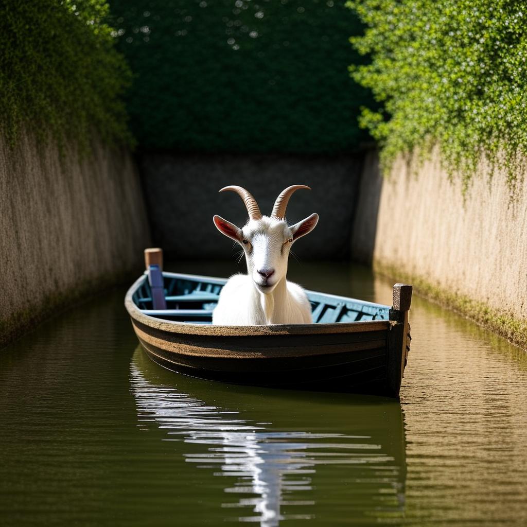 a goat in a boat in a moat