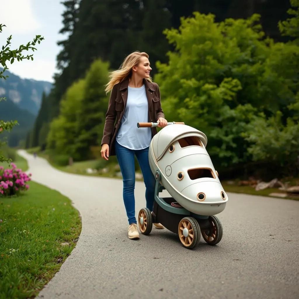 a woman pushing a stroller in this style