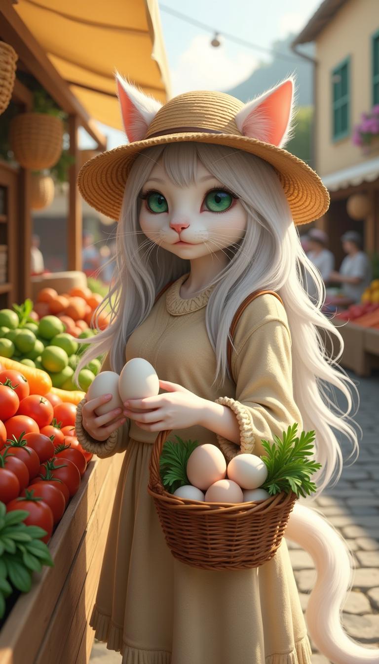 A breathtakingly beautiful anthropomorphic white cat with long, flowing silver hair and mesmerizing green eyes, happily shopping at a bustling local market. She wears a charming straw hat tilted slightly to the side, casting a soft shadow over her delicate feline features. Dressed in a snug, long-sleeved sweater, she exudes a gentle countryside charm. She carefully selects fresh eggs from a rustic wooden stall, holding a small wicker basket filled with fresh produce like tomatoes, leafy greens, and carrots. The market is lively, with wooden stands displaying an abundance of colorful fruits, vegetables, and handcrafted goods. Sunlight filters through a canopy of fabric shades, casting a warm glow on the cobblestone street. The background features cheerful vendors, woven baskets, and traditional handmade goods, creating a vibrant and inviting scene. Her expression is one of curiosity and delight as she inspects the eggs with care. The art style is hyper-realistic with a touch of fantasy, focusing on intricate textures, warm lighting, and a wholesome countryside aesthetic.