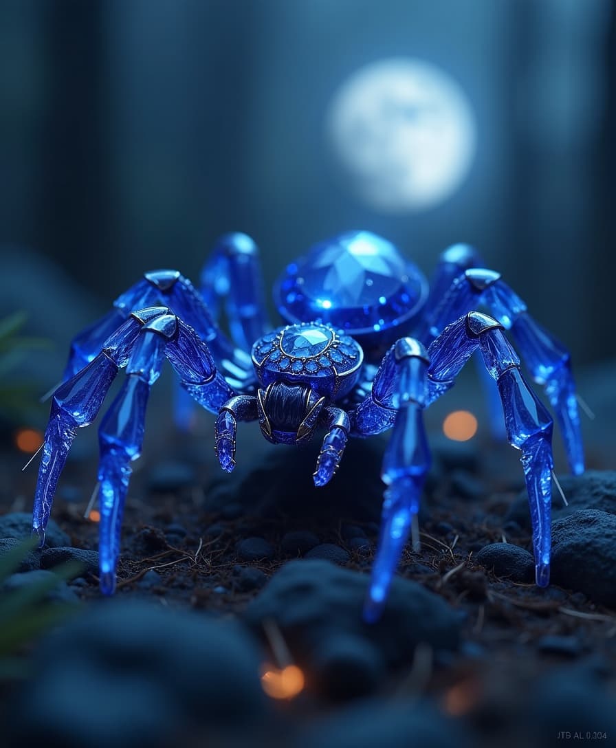 A mystical spider made entirely of deep sapphire and diamond, its gem-encrusted body glimmering under a soft moonlight glow, surreal dreamlike atmosphere, ultra-sharp details