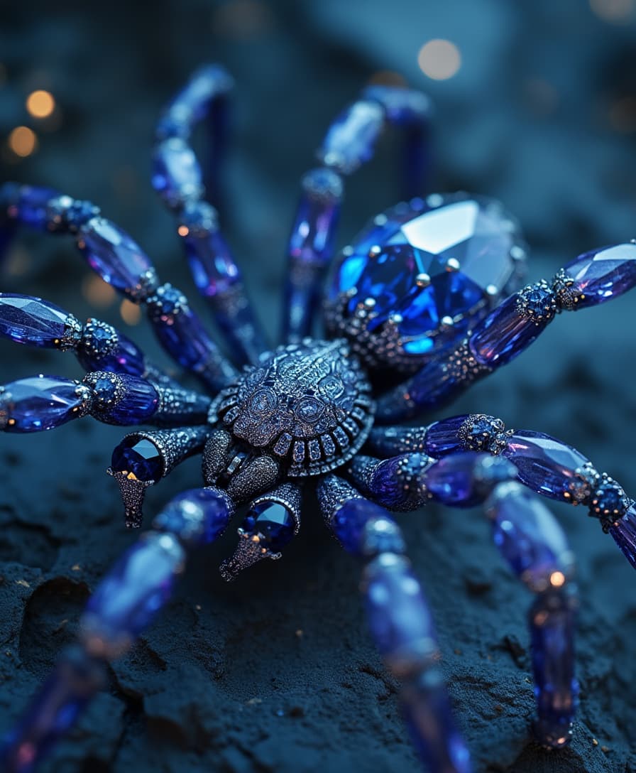 A mystical spider made entirely of deep sapphire and diamond, its gem-encrusted body glimmering under a soft moonlight glow, surreal dreamlike atmosphere, ultra-sharp details