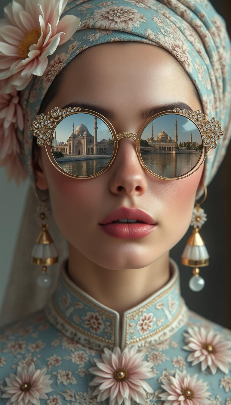A realistic colour portrait of a porcelain-skinned woman with delicate freckles and full lips highlighted with pale pink lipstick. The woman wears richly decorated round glasses with intricate lace details, in whose lenses a grand mosque is reflected. Her hijab is pinned up high, decorated with large flowers that add drama to the composition. She is wearing a traditional patterned outfit with a high collar, covered with floral motifs. The photo has deep contrasts, crisp texture and subtle chiaroscuro that highlights the details of the face, fabric and reflections in the glasses. Elegant earrings dangle delicately, adding finesse to the overall look. The style is inspired by portrait art and fashion photography, captured in ultra-high definition, with perfect details in front of a cityscape.