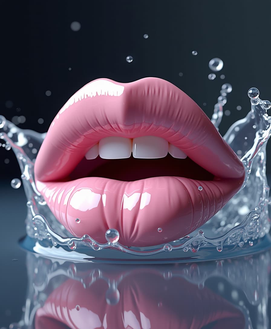 Hyperrealistic, glossy female lips of a delicate pink color, slightly open, with visible white teeth. The lips are surrounded by clear, crystal clear water in dynamic motion, creating the effect of a smooth connection with the skin. The water forms graceful splashes and smooth lines around the lips, giving them a futuristic and surreal look. The background is dark and gradient, enhancing the contrast and emphasizing the brightness of the lips and the reflection of light on them. The lighting is soft, but with accents that create volume and depth. Photorealism, 8K, ultra-detail, cinematic lighting