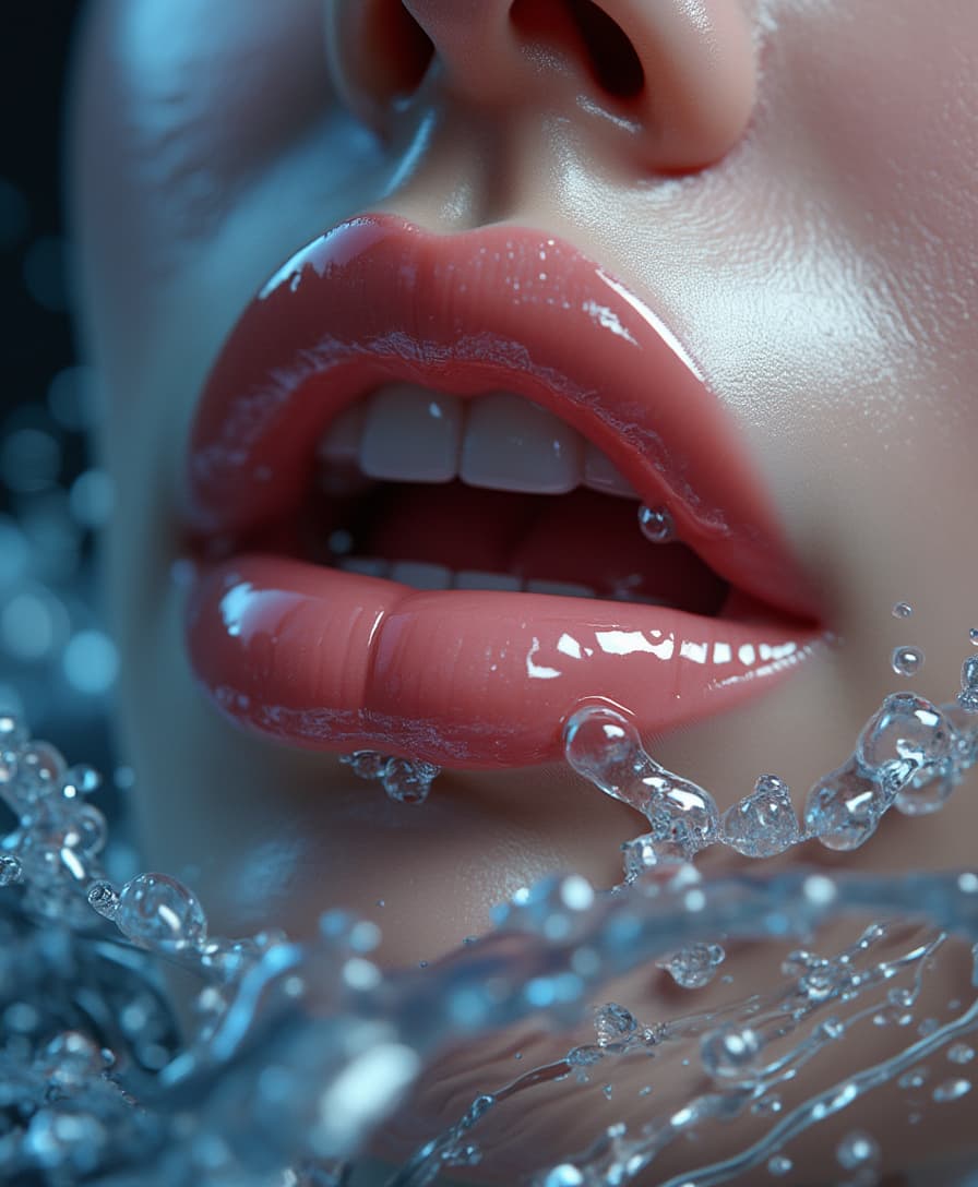 Hyperrealistic, glossy female lips of a delicate pink color, slightly open, with visible white teeth. The lips are surrounded by clear, crystal clear water in dynamic motion, creating the effect of a smooth connection with the skin. The water forms graceful splashes and smooth lines around the lips, giving them a futuristic and surreal look. The background is dark and gradient, enhancing the contrast and emphasizing the brightness of the lips and the reflection of light on them. The lighting is soft, but with accents that create volume and depth. Photorealism, 8K, ultra-detail, cinematic lighting