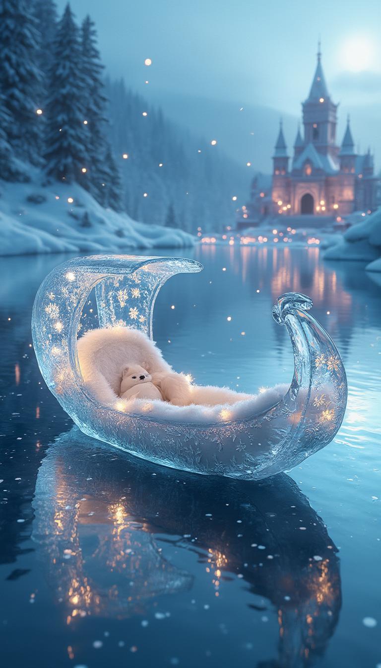 Frozen Fairy Tale Ice Gondola.
Create a delicate, fairytale-inspired ice gondola floating on a mirror-like frozen lake. The boat is sculpted from crystal-clear ice, adorned with delicate snowflakes and frost patterns. The seats are lined with plush white fur, and the entire scene is illuminated by floating orbs of soft, glowing light. In the distance, an icy palace rises from the snow-covered hills, completing the dreamy, magical atmosphere.