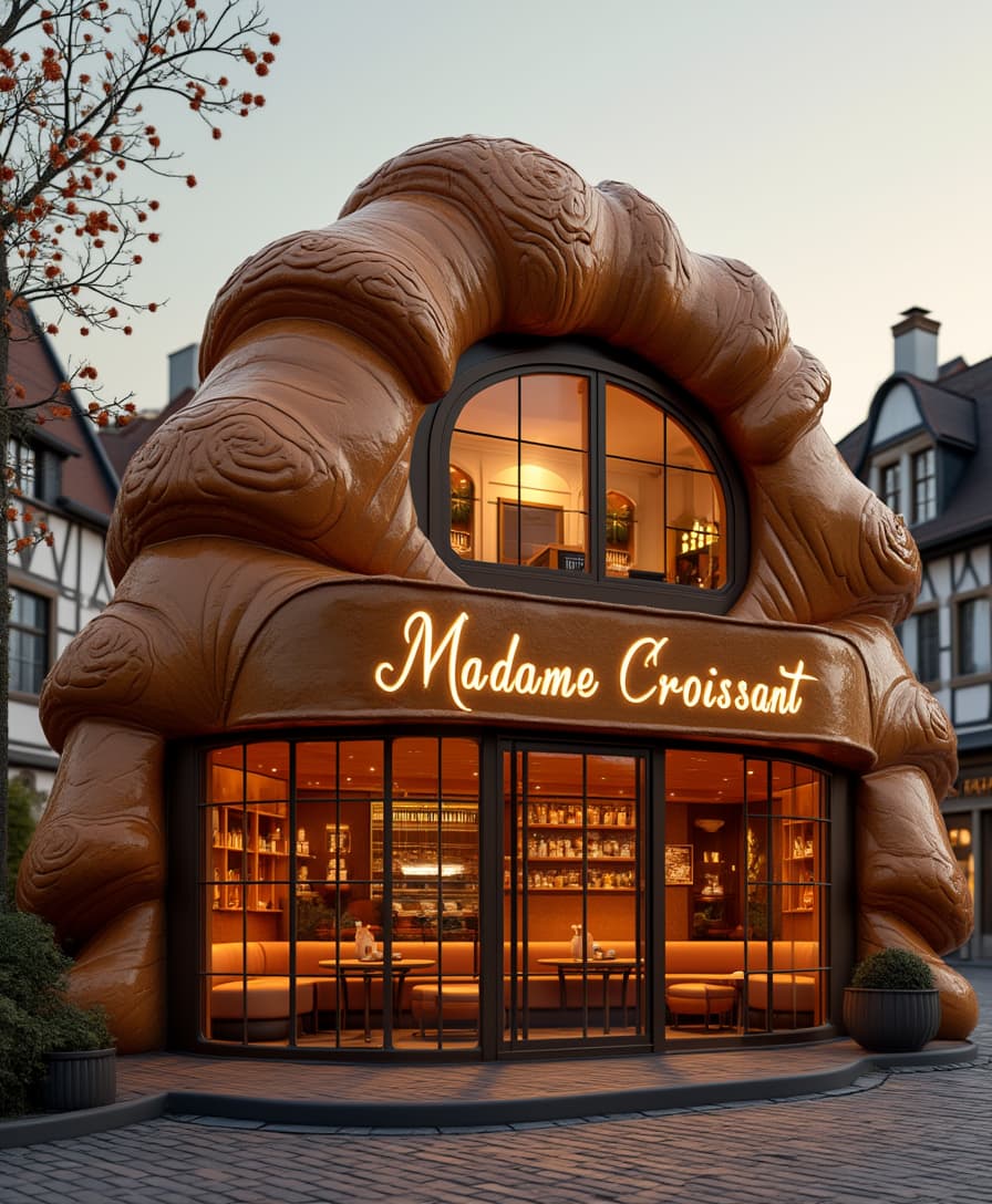 A luxurious building entirely shaped like a croissant, situated in a charming German town at dawn. The structure perfectly follows the curved, layered form of a croissant, blending harmoniously with the European ambiance. The background features a typical German town with picturesque half-timbered houses. The croissant-shaped building is an upscale bakery or café, its warm golden interior glowing through large inviting windows. Inside, cozy coffee tables and caramel-toned sofas create a welcoming ambiance. The facade of the building displays the inscription 'Madame Croissant' in elegant lettering. Refine the inscription, making it well-aligned, aesthetically pleasing, and seamlessly integrated into the architecture. Highly detailed, cinematic lighting, dreamy atmosphere, ultra-realistic, 4K.