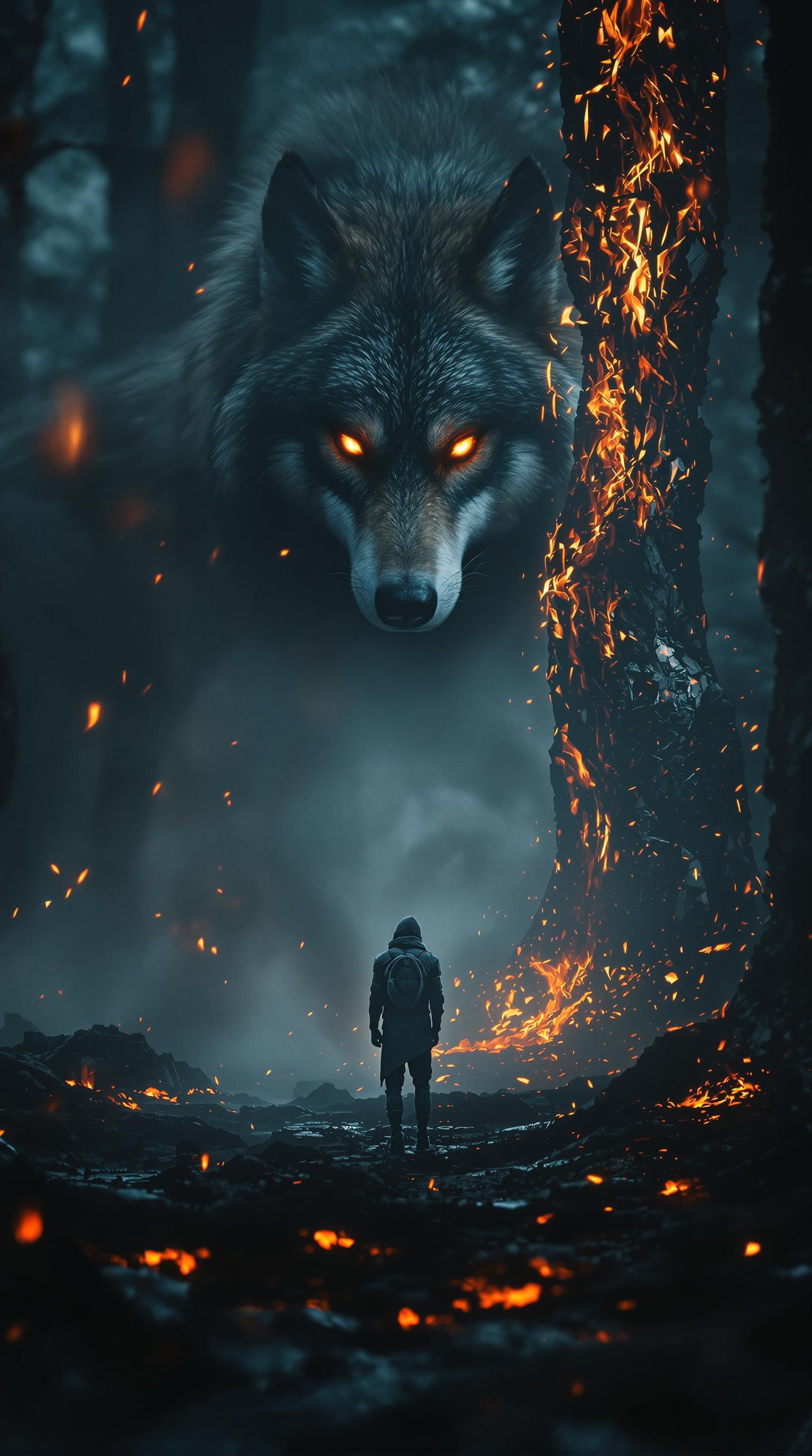 A fierce alpha wolf standing face-to-face with a shadowy predator in a misty forest. Its fur is bristling, eyes locked in fearless determination. Dark, cinematic, ultra-detailed, hyperrealistic 4K.A lone wolf walking through an intense wall of fire, embers floating in the air. Its eyes glow like molten gold, filled with unstoppable determination. Dark cinematic tones, ultra-realistic, hyper-detailed 4K.