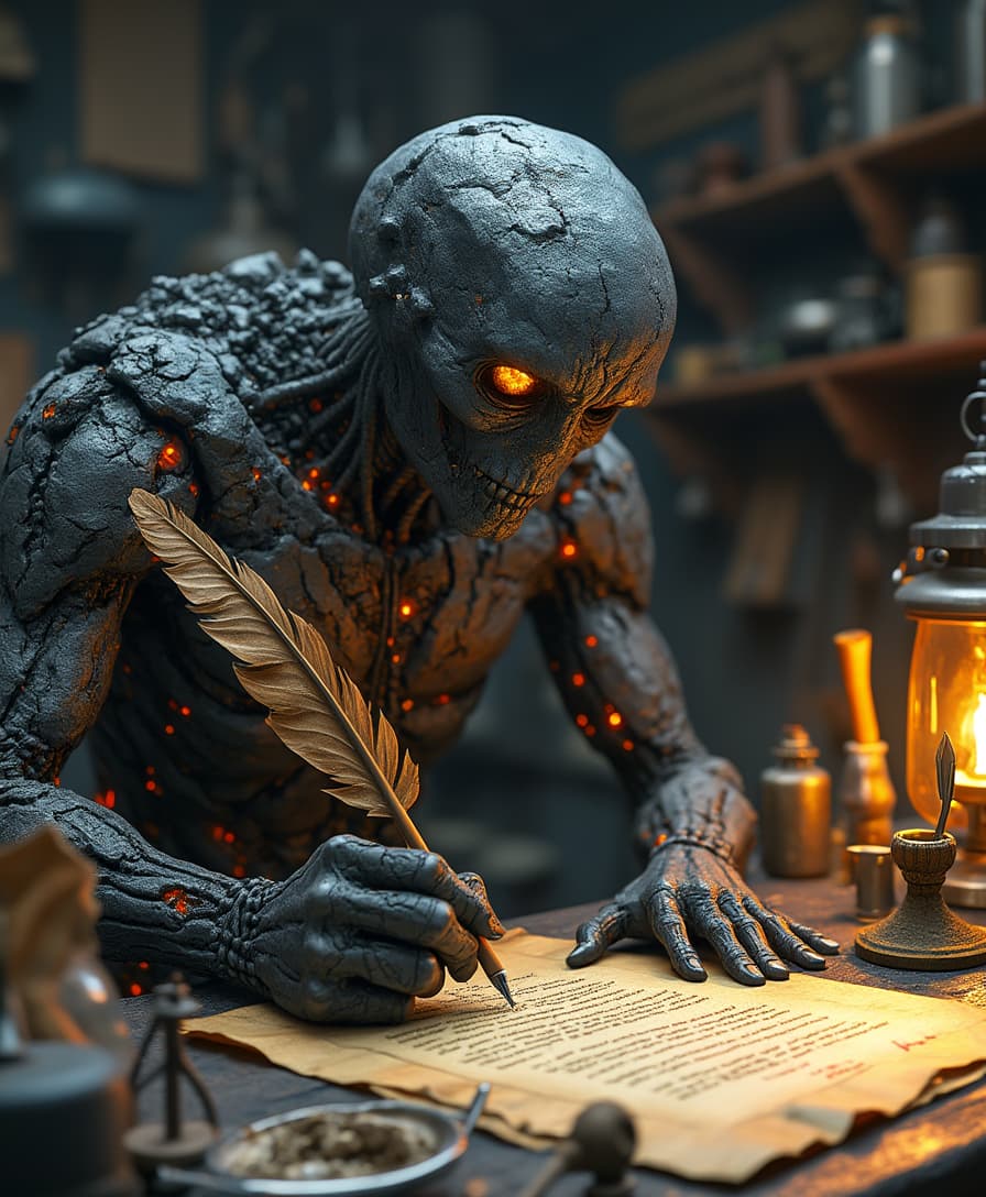 Depict the meteorite man, a humanoid figure composed of dark grey, rough-textured meteorite fragments, with glowing orange veins pulsing beneath his rugged, rocky skin, standing at a cluttered, makeshift workbench surrounded by various scientific instruments and tools, intently focusing on crafting a formal document with a worn, wooden quill pen, the parchment illuminated by a nearby, soft-glowing lantern, as he signs his name with a flourish, declaring himself a scientist, with a hint of confidence and a dash of mischief in his eyes, which shine like polished, dark gemstones.