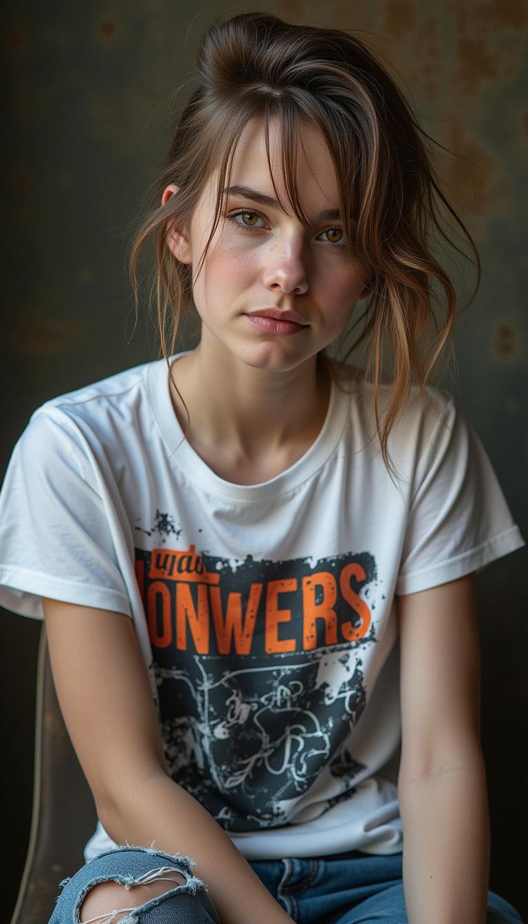 A young Slavic woman with a rocker edge sits casually, wearing a grunge-inspired T-shirt with a striking print—bold, distressed typography skillfully blended with chaotic textures, abstract shapes, and faded graphic elements. The design feels raw and authentic, embodying the rebellious spirit of grunge culture. Her messy hair slightly falls over her face, and her smudged makeup adds to her effortlessly cool look.